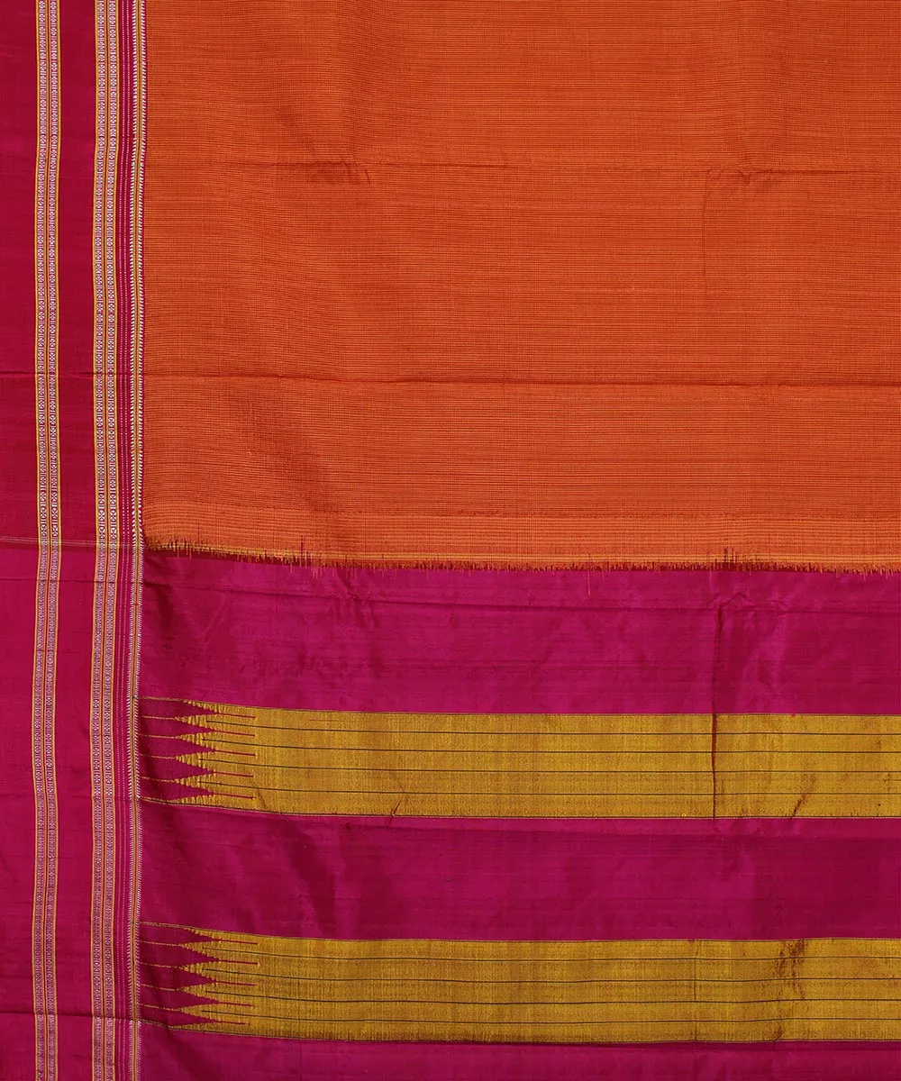 Orange small check pink gayatri border ilkal cotton art silk saree