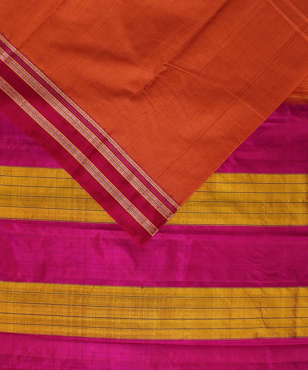 Orange small check pink gayatri border ilkal cotton art silk saree