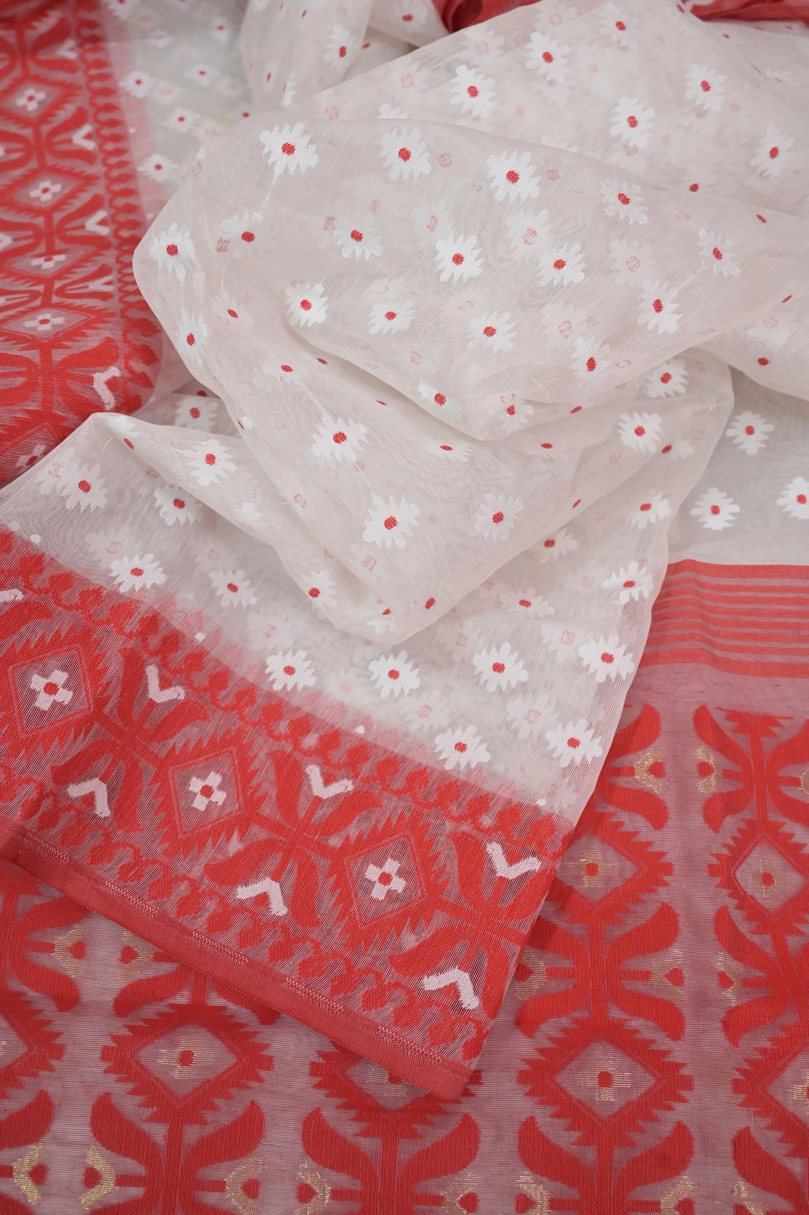 Paper and White Red Jamdani Saree with Meenakari Buti