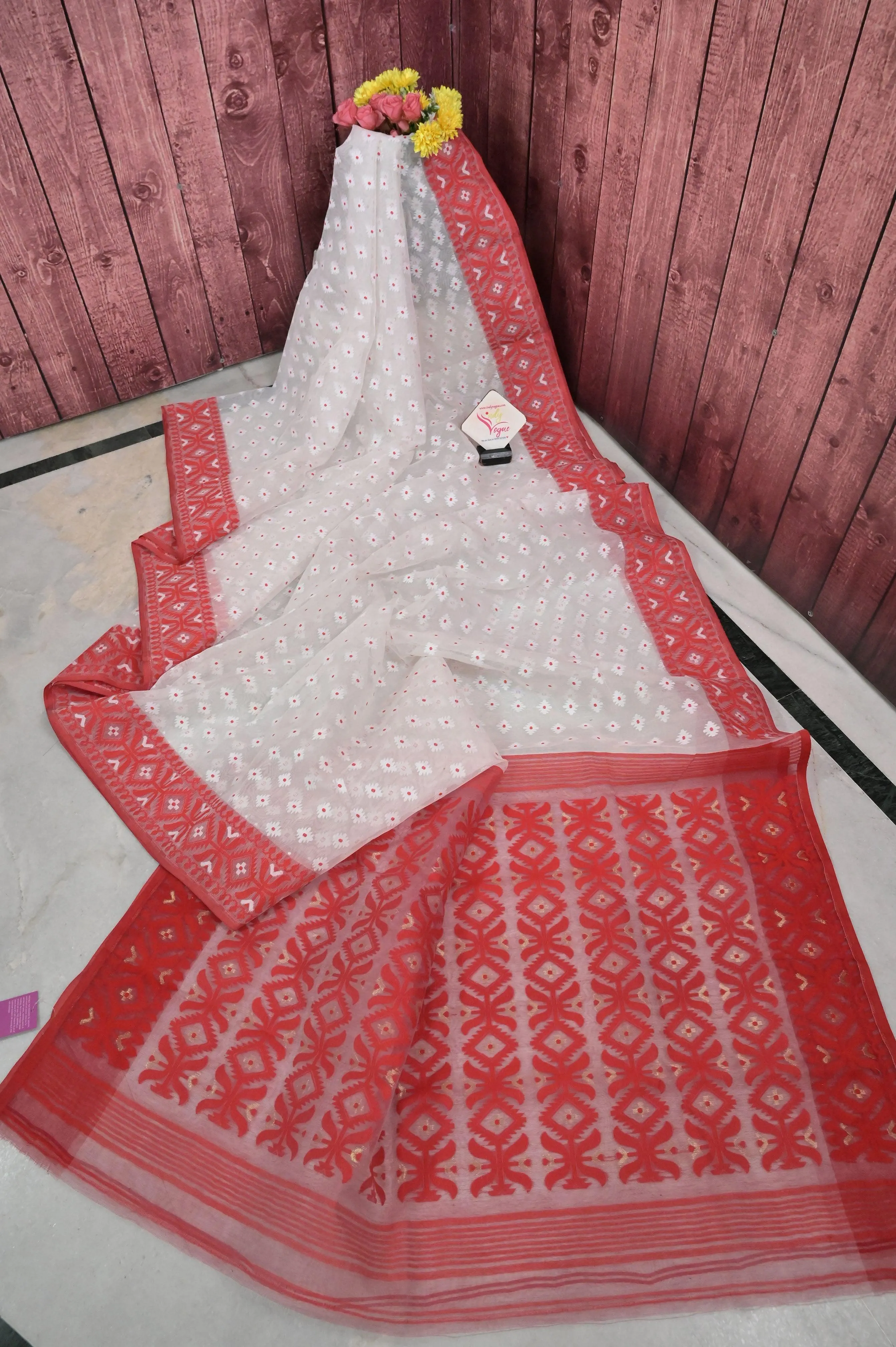 Paper and White Red Jamdani Saree with Meenakari Buti