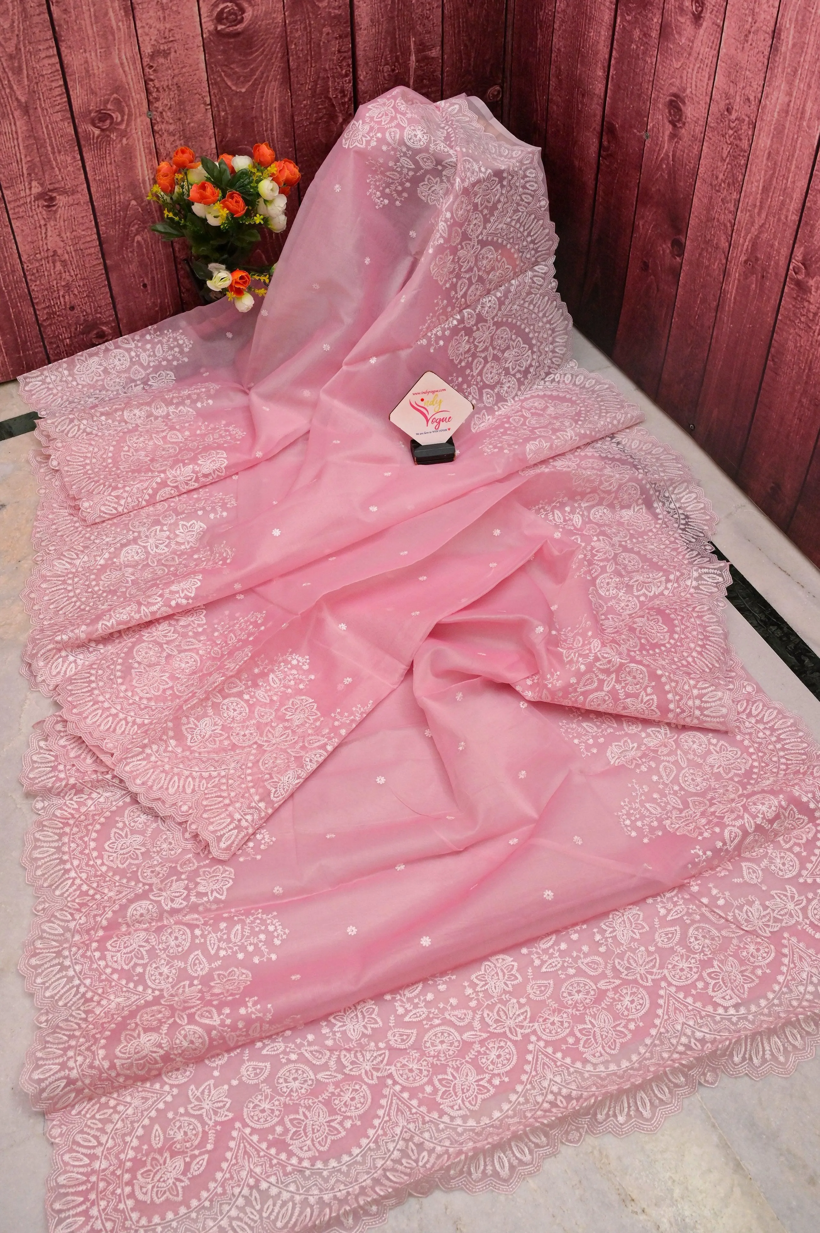 Pink Color Designer Organza Saree with Embroidery Work and Scallop Border