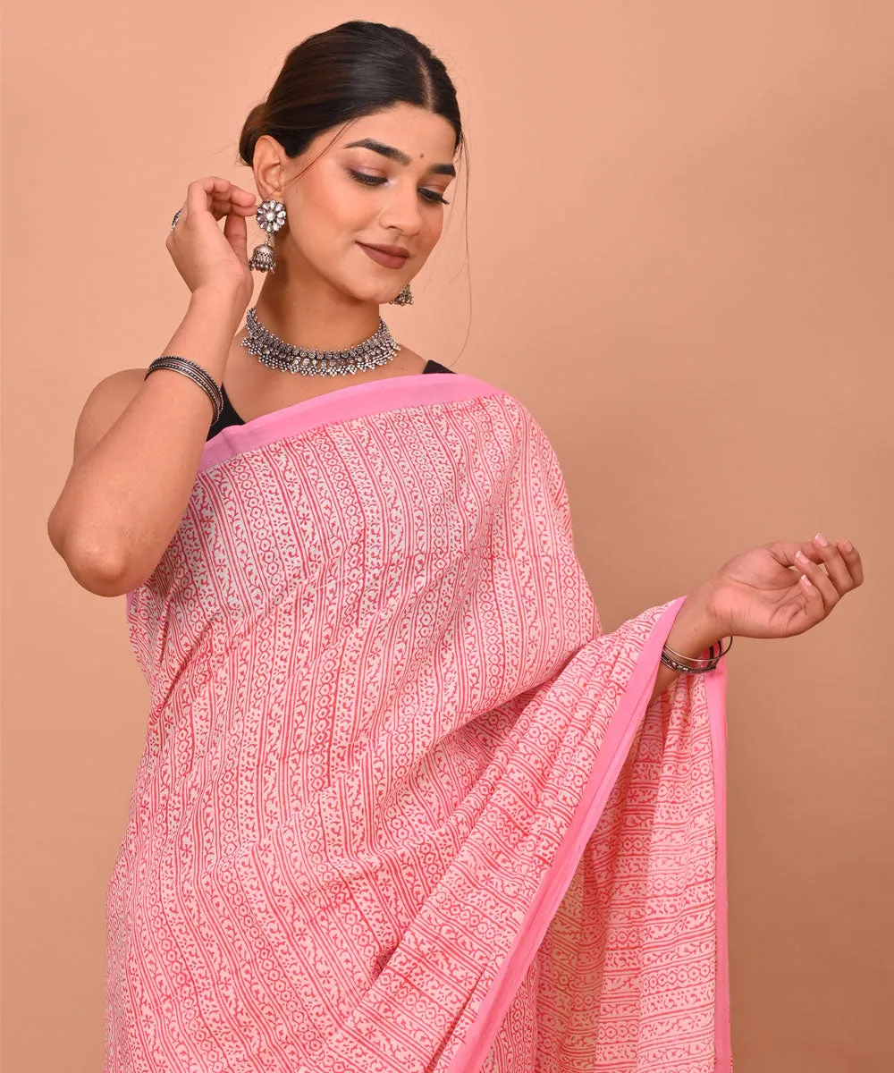 Pink red cotton hand printed bagru saree