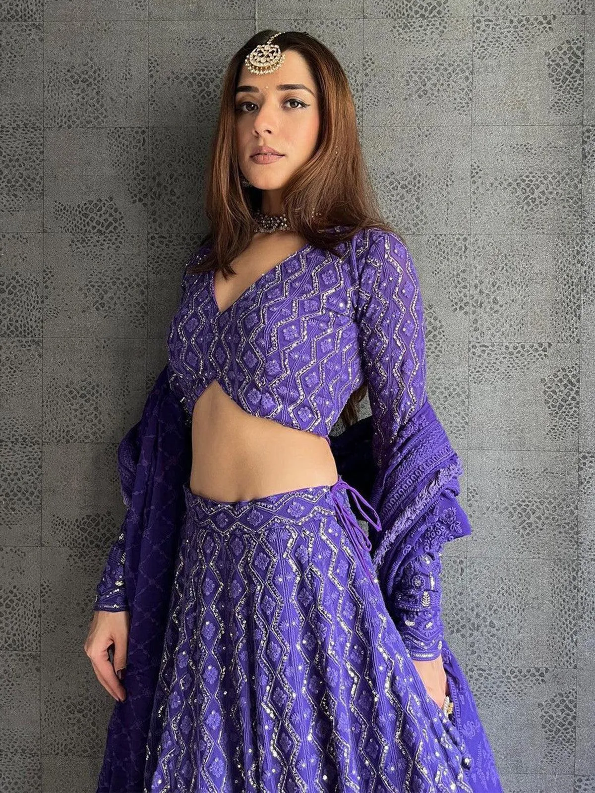 PURPLE GEORGETTE EMBROIDERED WEDDING LEHENGA