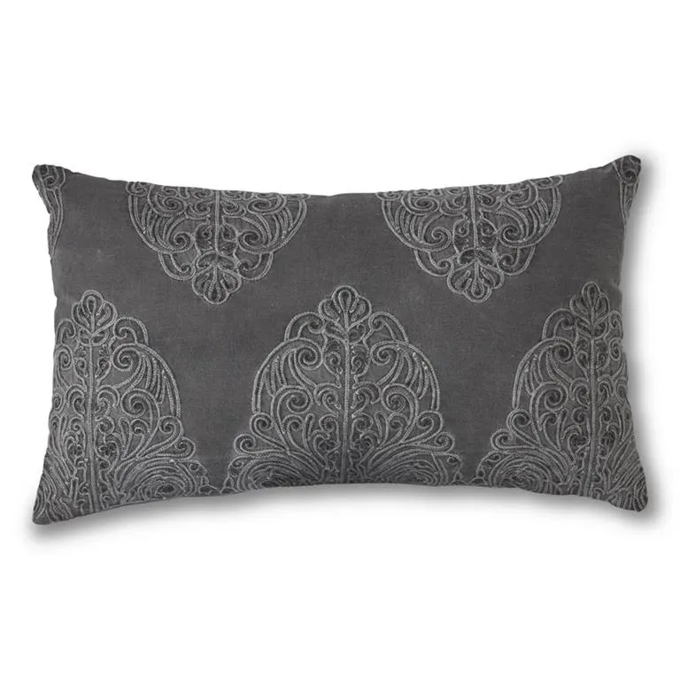 Rectangular Gray Cotton Pillow with Embroidered - 20 Inches