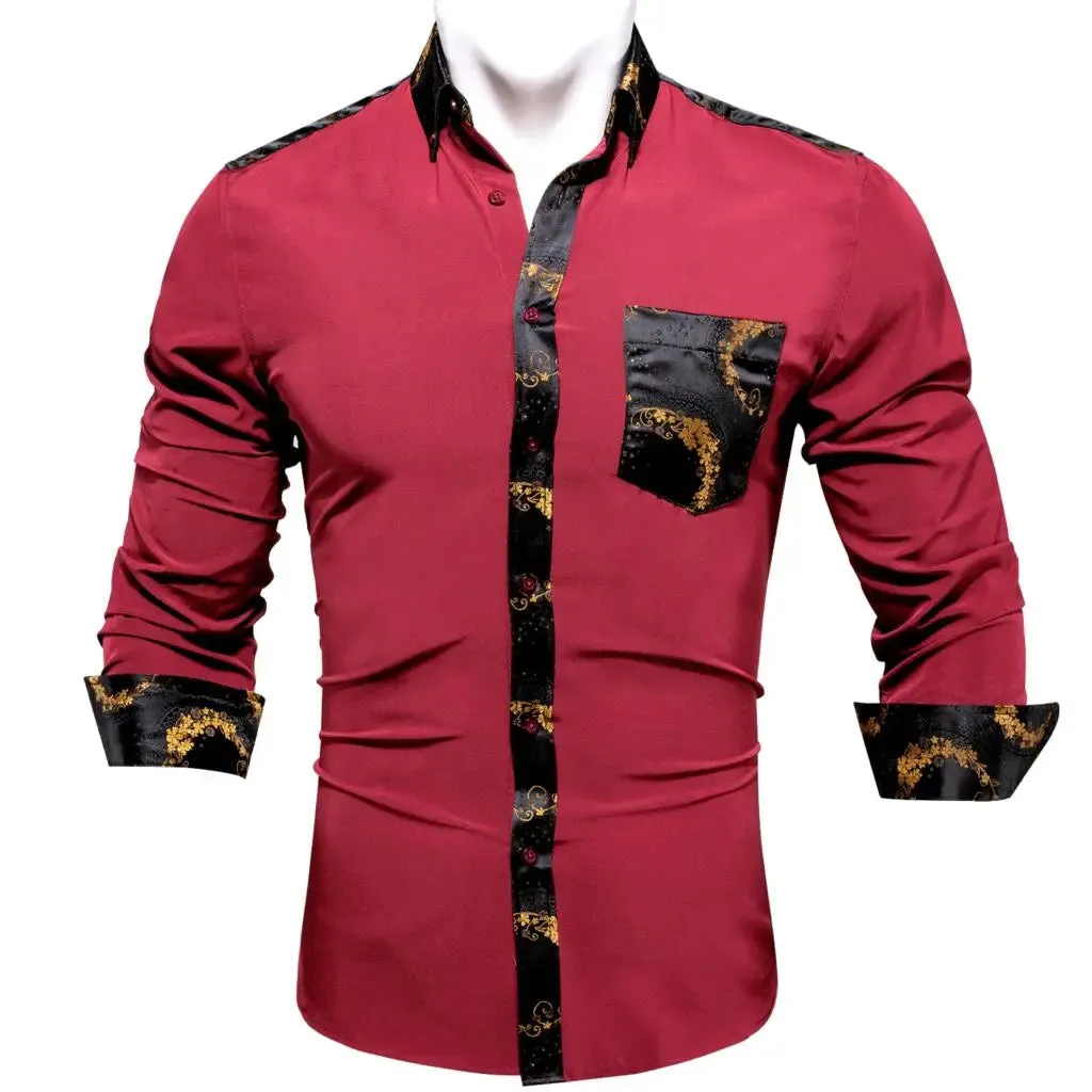 Red Burgundy Orange Shirts Men's Long Sleeve Solid Plaid Slim Fit Blouse Casual Lapel Tops Clothing Breathable Barry Wang