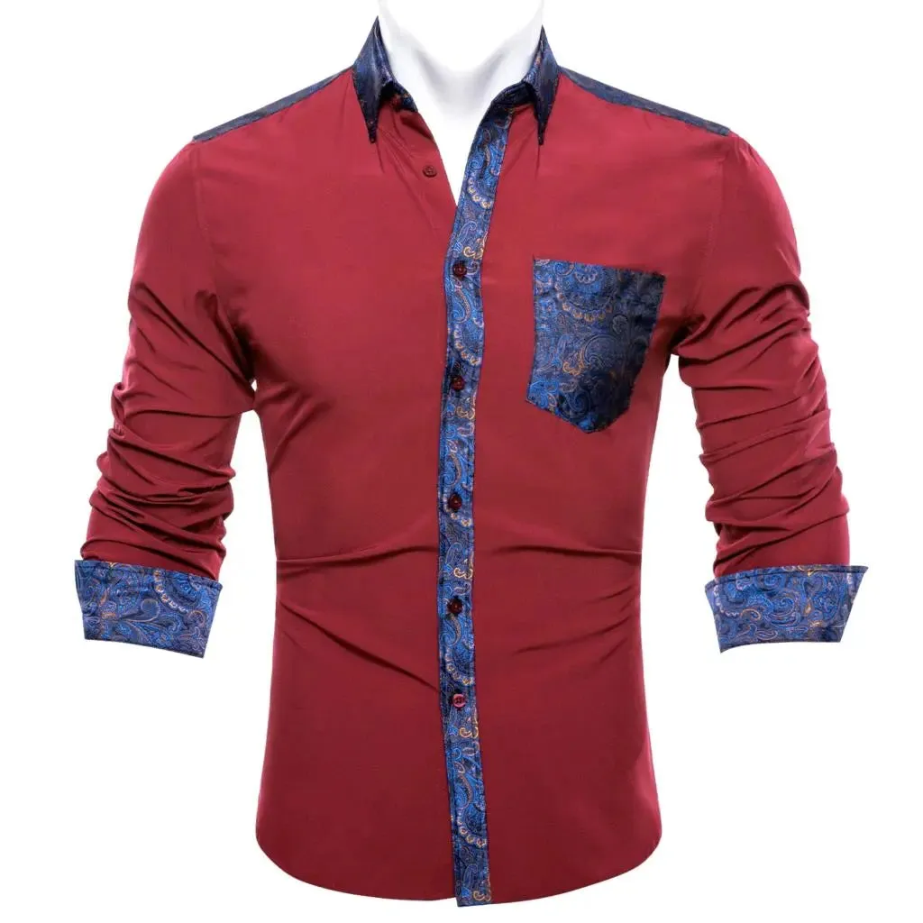 Red Burgundy Orange Shirts Men's Long Sleeve Solid Plaid Slim Fit Blouse Casual Lapel Tops Clothing Breathable Barry Wang