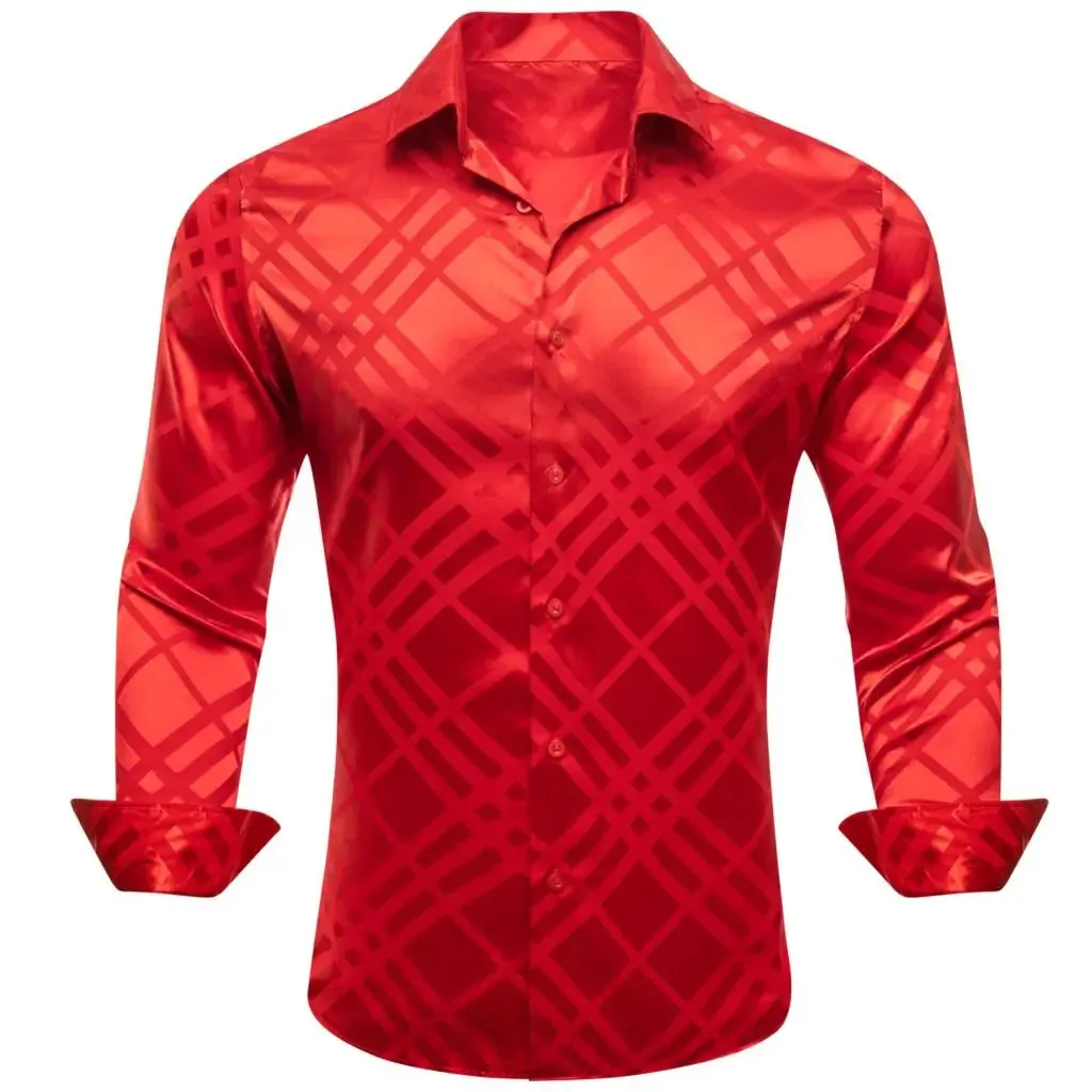 Red Burgundy Orange Shirts Men's Long Sleeve Solid Plaid Slim Fit Blouse Casual Lapel Tops Clothing Breathable Barry Wang