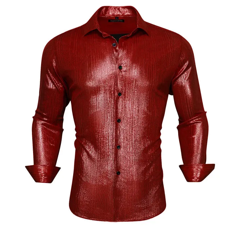 Red Burgundy Orange Shirts Men's Long Sleeve Solid Plaid Slim Fit Blouse Casual Lapel Tops Clothing Breathable Barry Wang