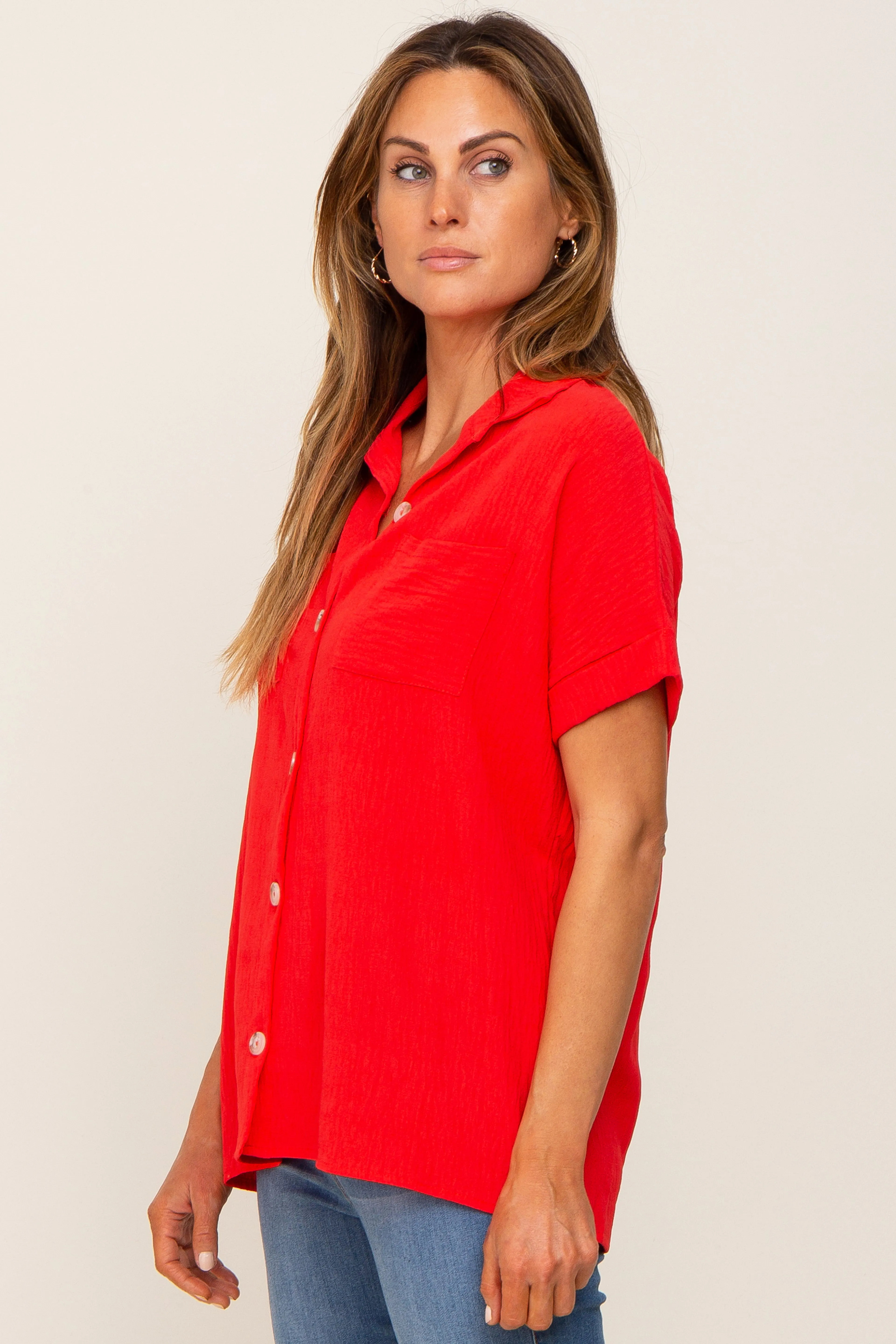 Red Collared Button-Down Short Sleeve Blouse