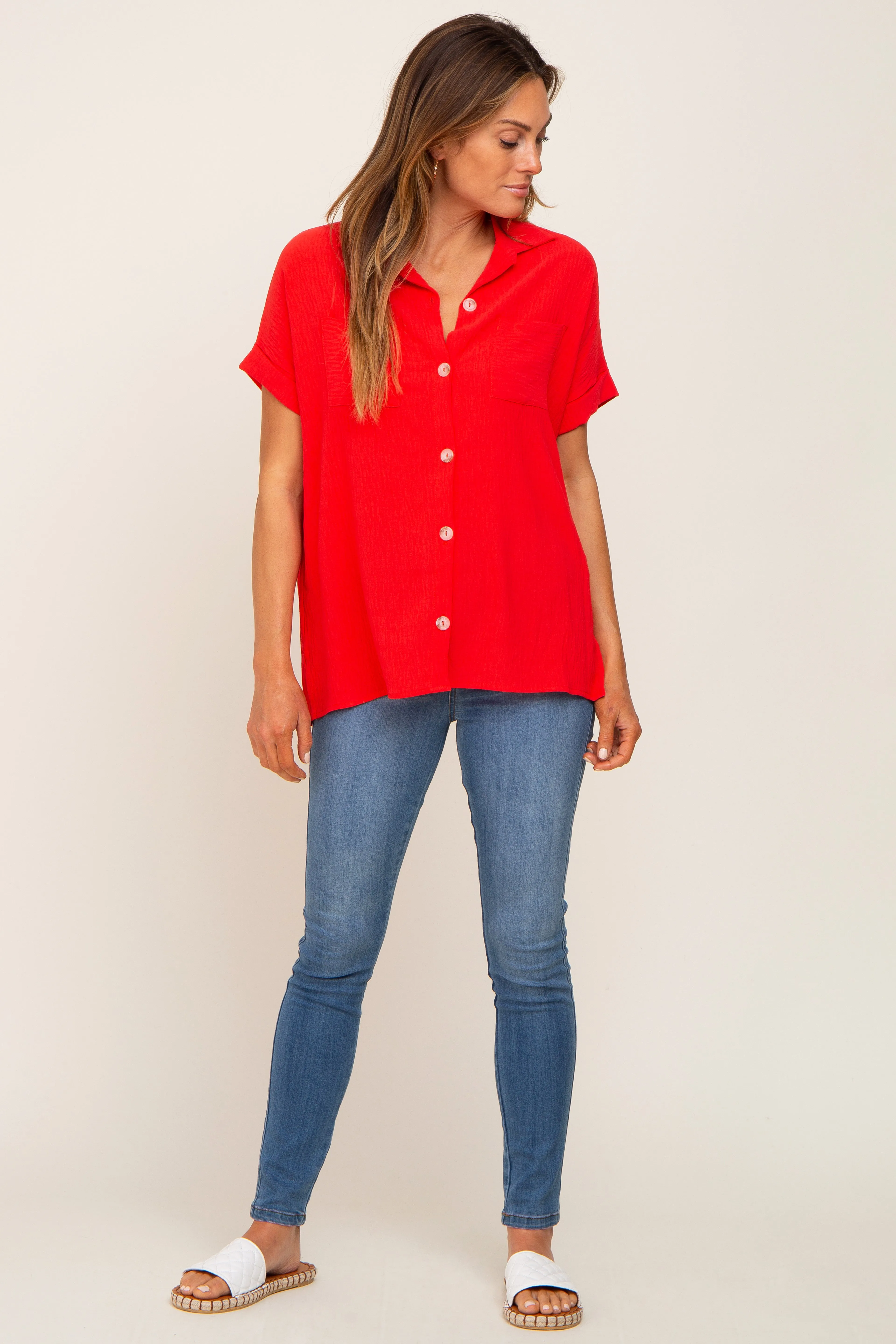 Red Collared Button-Down Short Sleeve Blouse