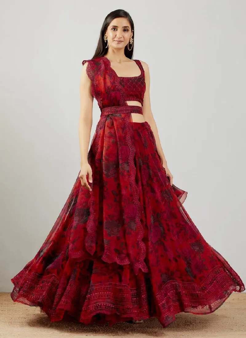 RED ORIGINAL ORGANZA SILK WITH EMBROIDERYWORK