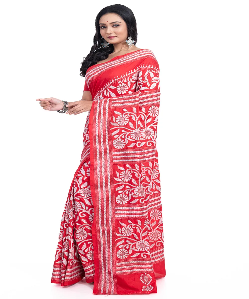 Red white handwoven silk kantha stitch saree