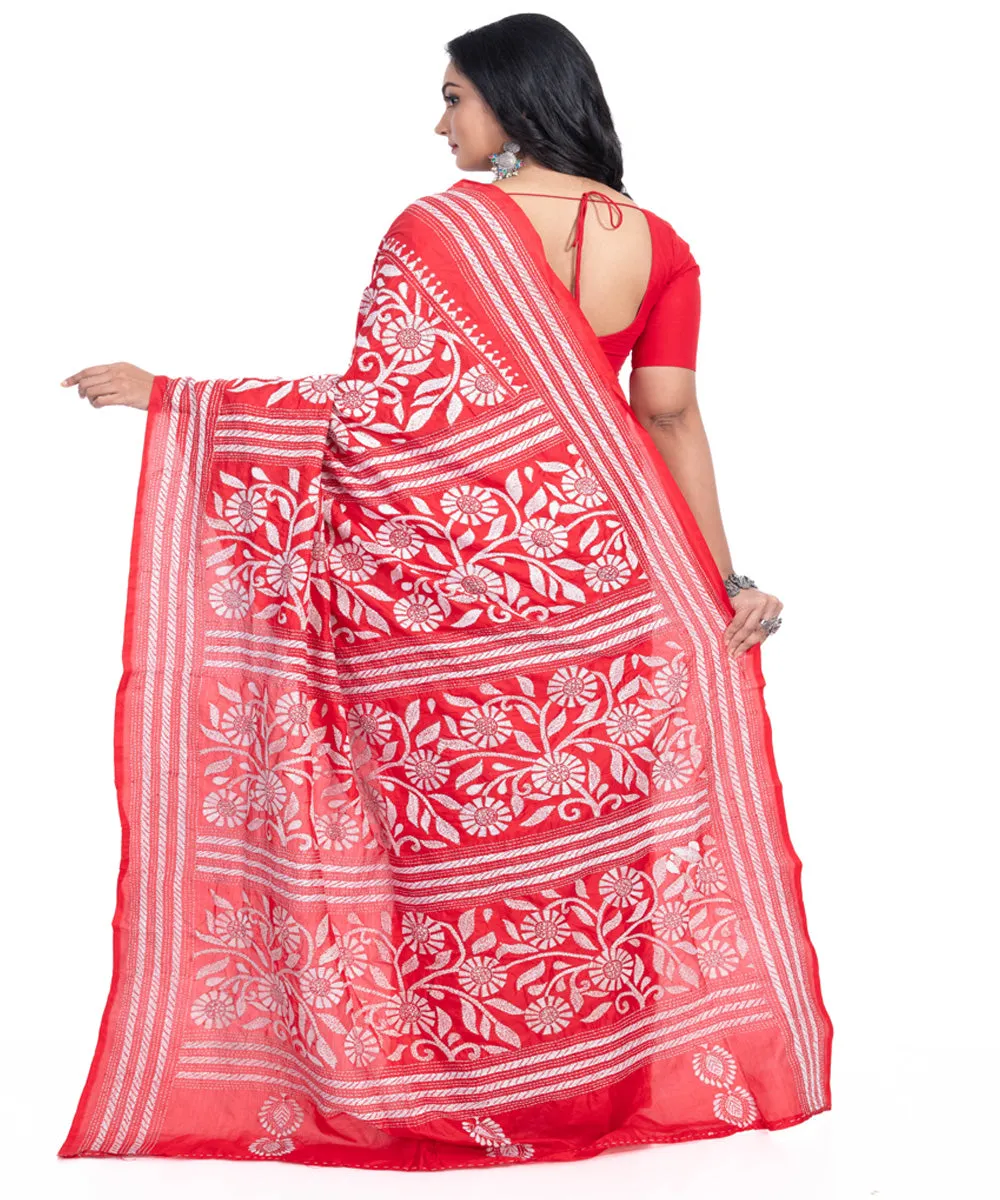 Red white handwoven silk kantha stitch saree