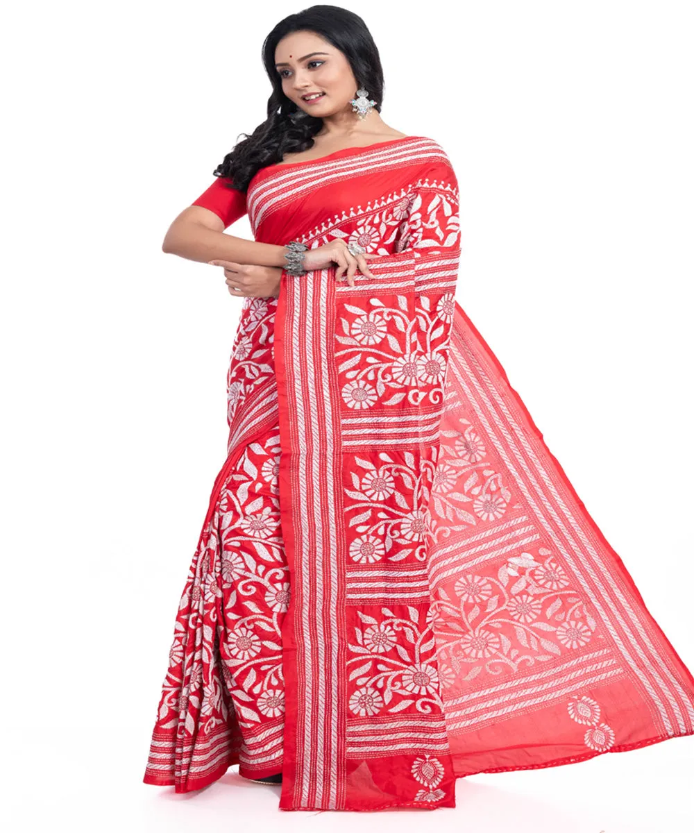 Red white handwoven silk kantha stitch saree