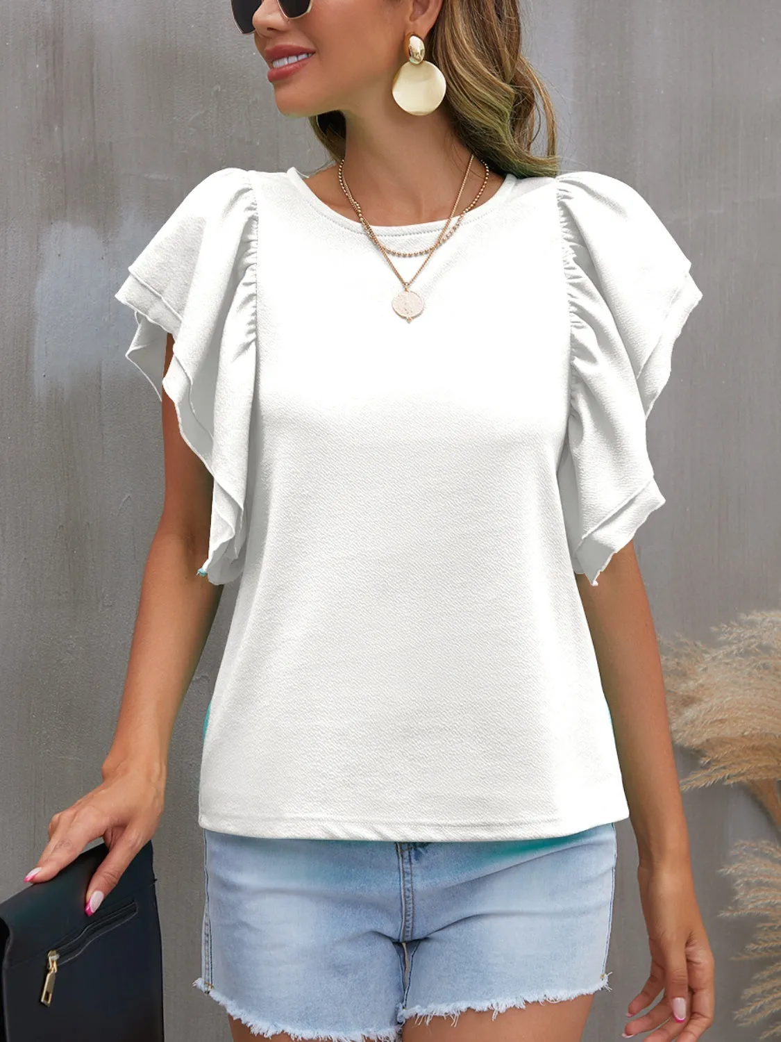 Round Neck Flounce Sleeve Blouse