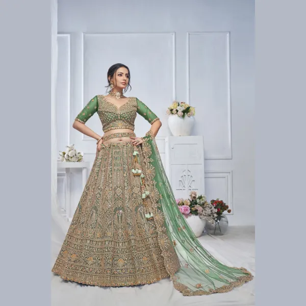 Royal Grandeur bridal  Green Mehendi Lehenga with Paisley and Peacock Motifs & Heavy Embroidery| Ready To Wear |