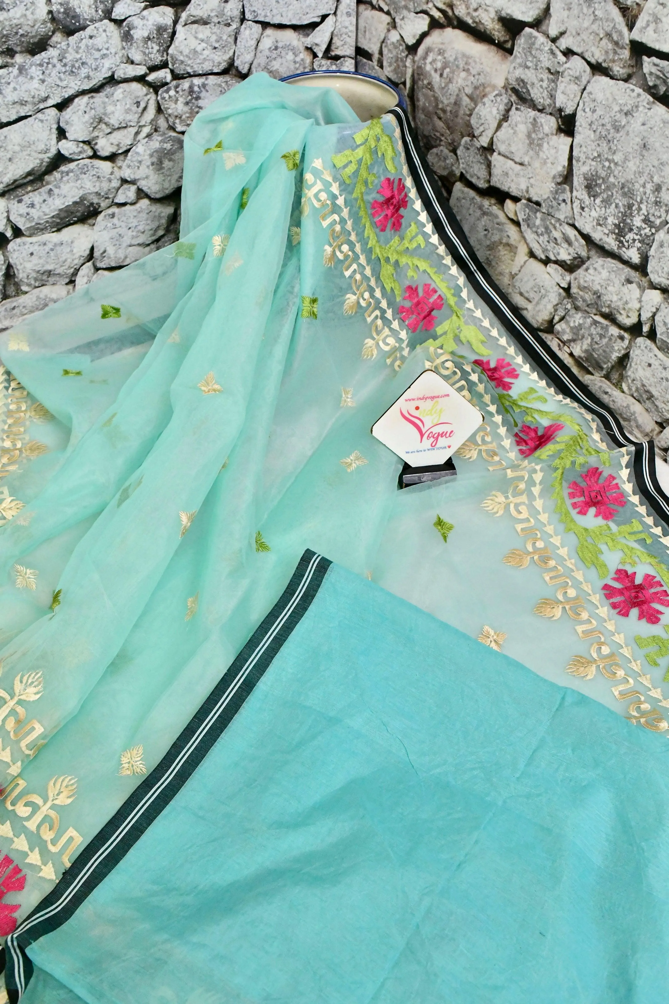 Sea Green Color Muslin Jamdani with Embroidery