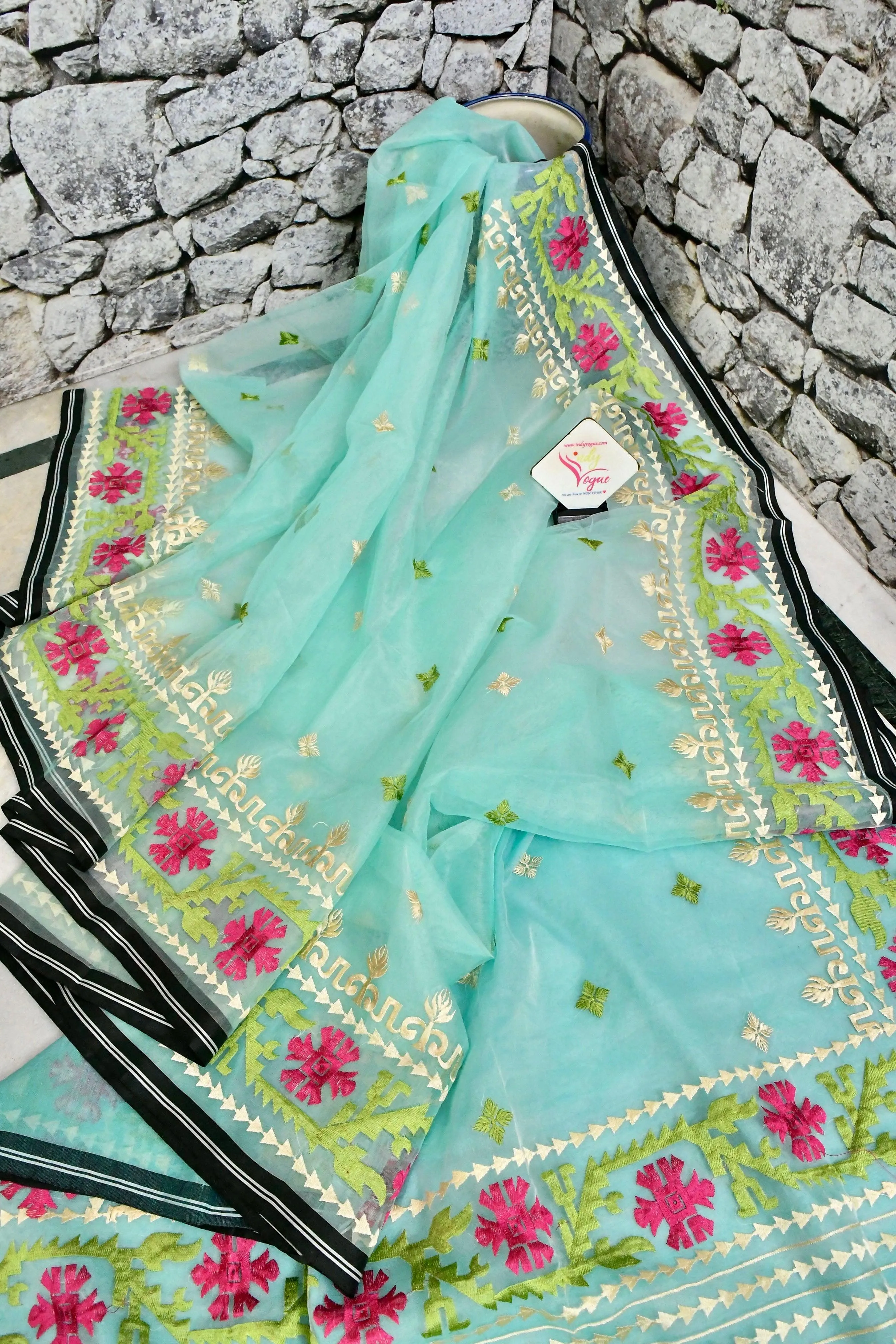 Sea Green Color Muslin Jamdani with Embroidery