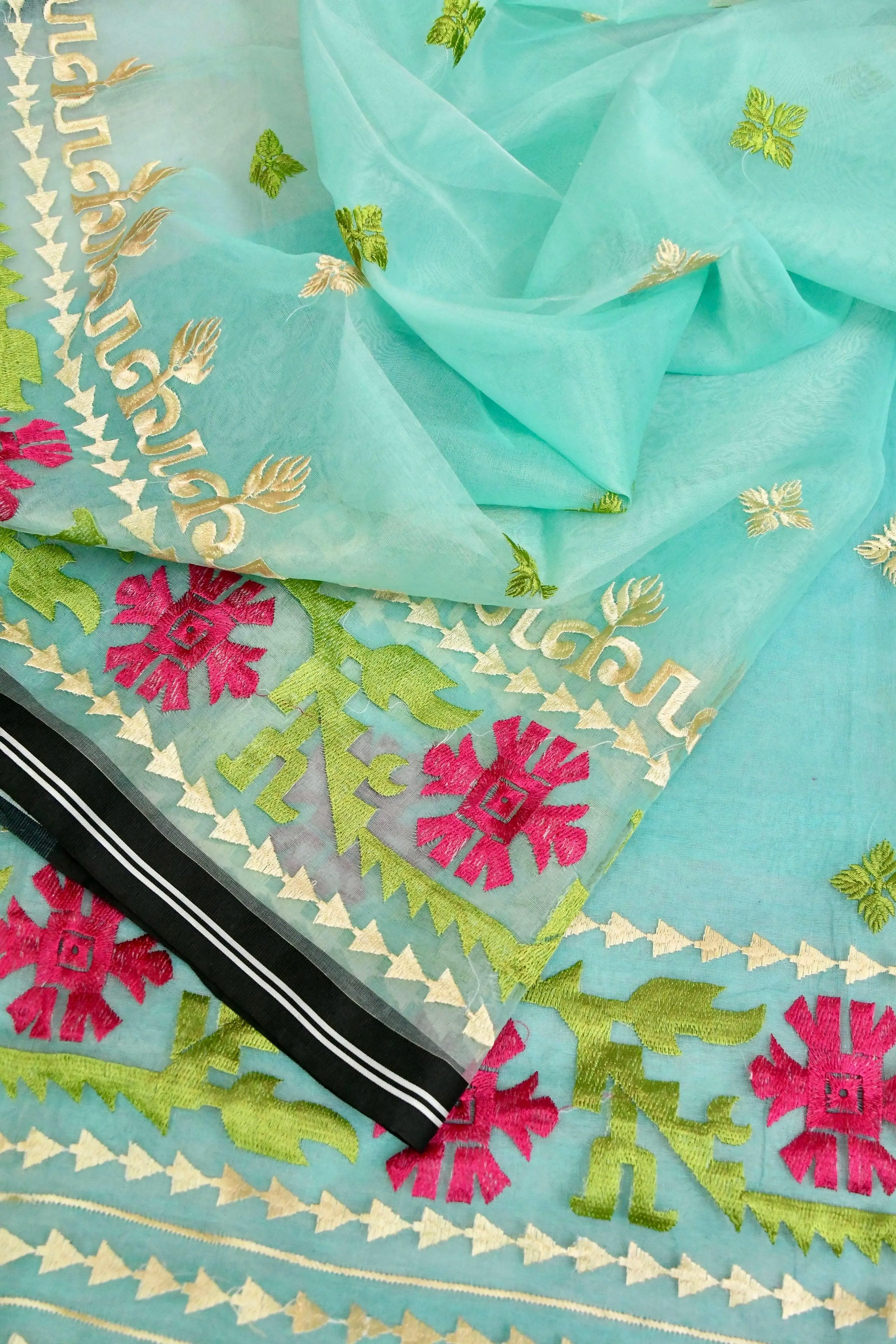 Sea Green Color Muslin Jamdani with Embroidery