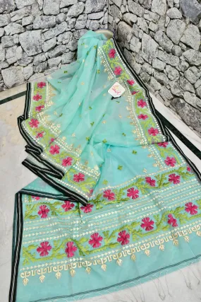 Sea Green Color Muslin Jamdani with Embroidery