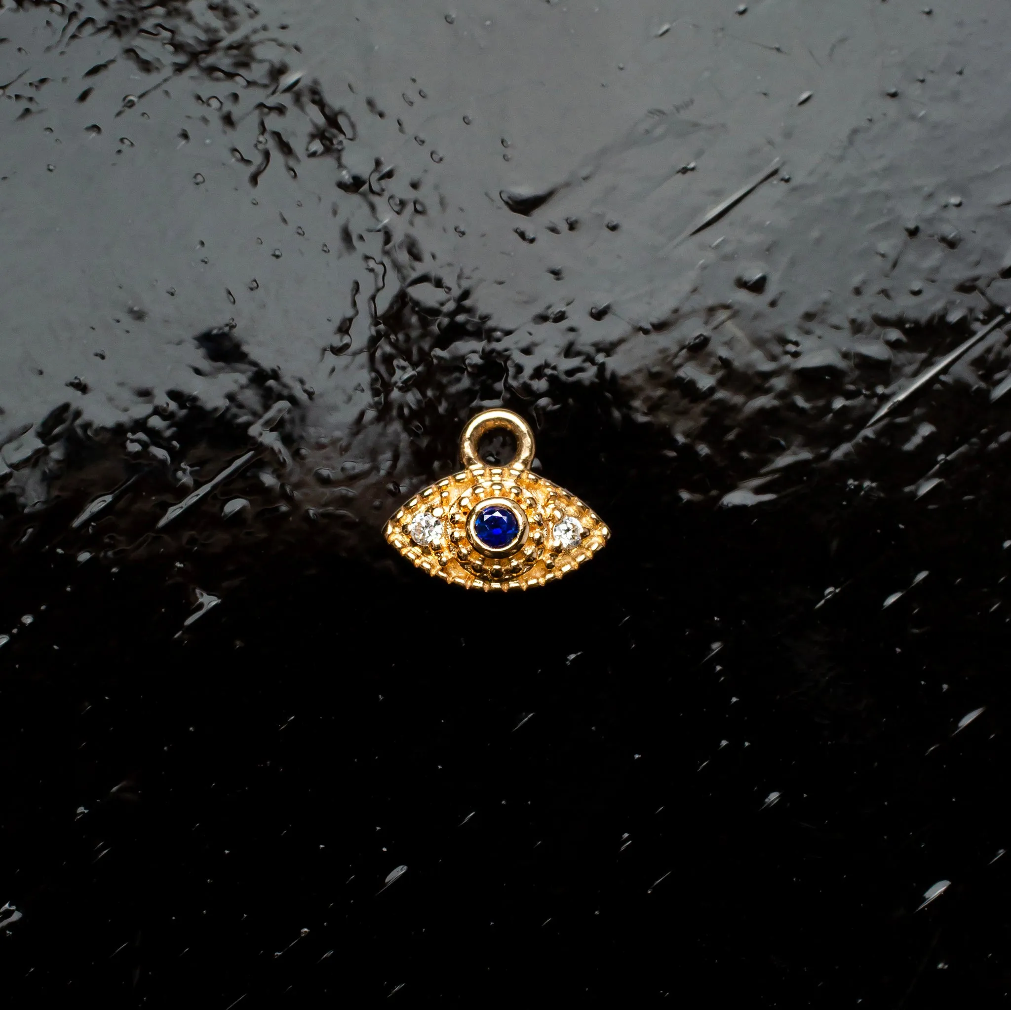 Single Blue Sapphire Evil Eye Huggie Charm - 14K Solid Gold