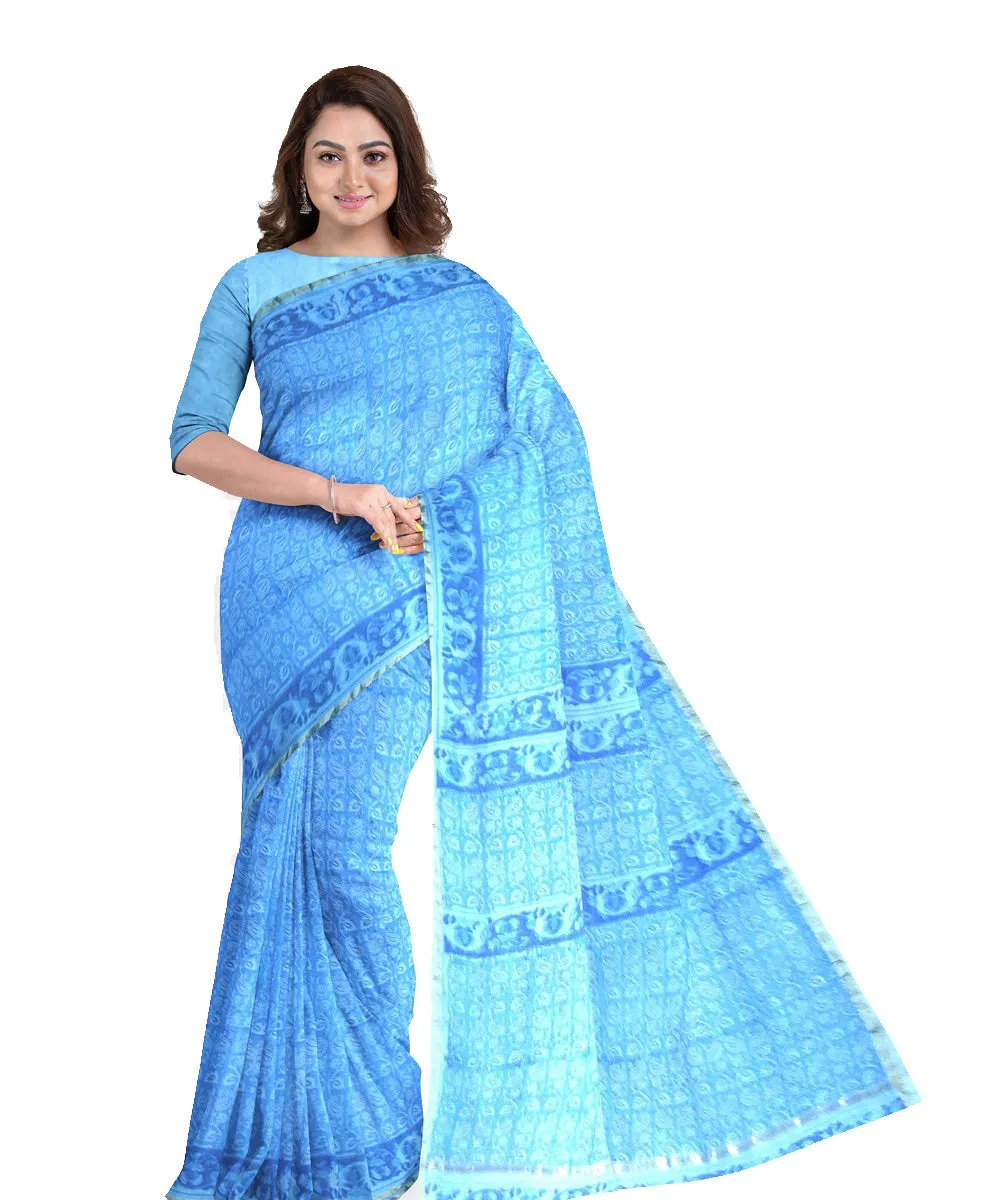 Sky blue cotton silk hand printed maheshwari saree