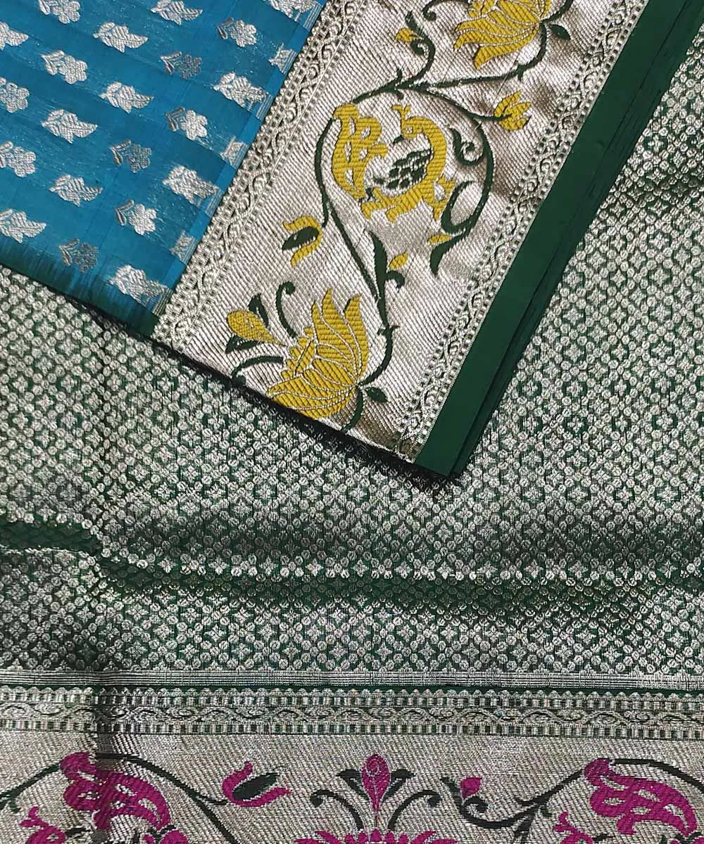 Sky blue deep green silk handloom venkatagiri saree