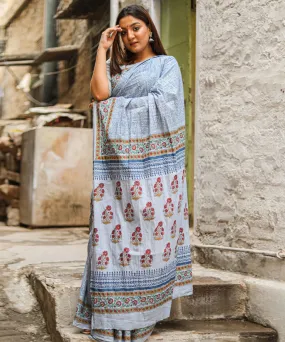 Sky blue navy blue hand block sanganeri printed cotton saree