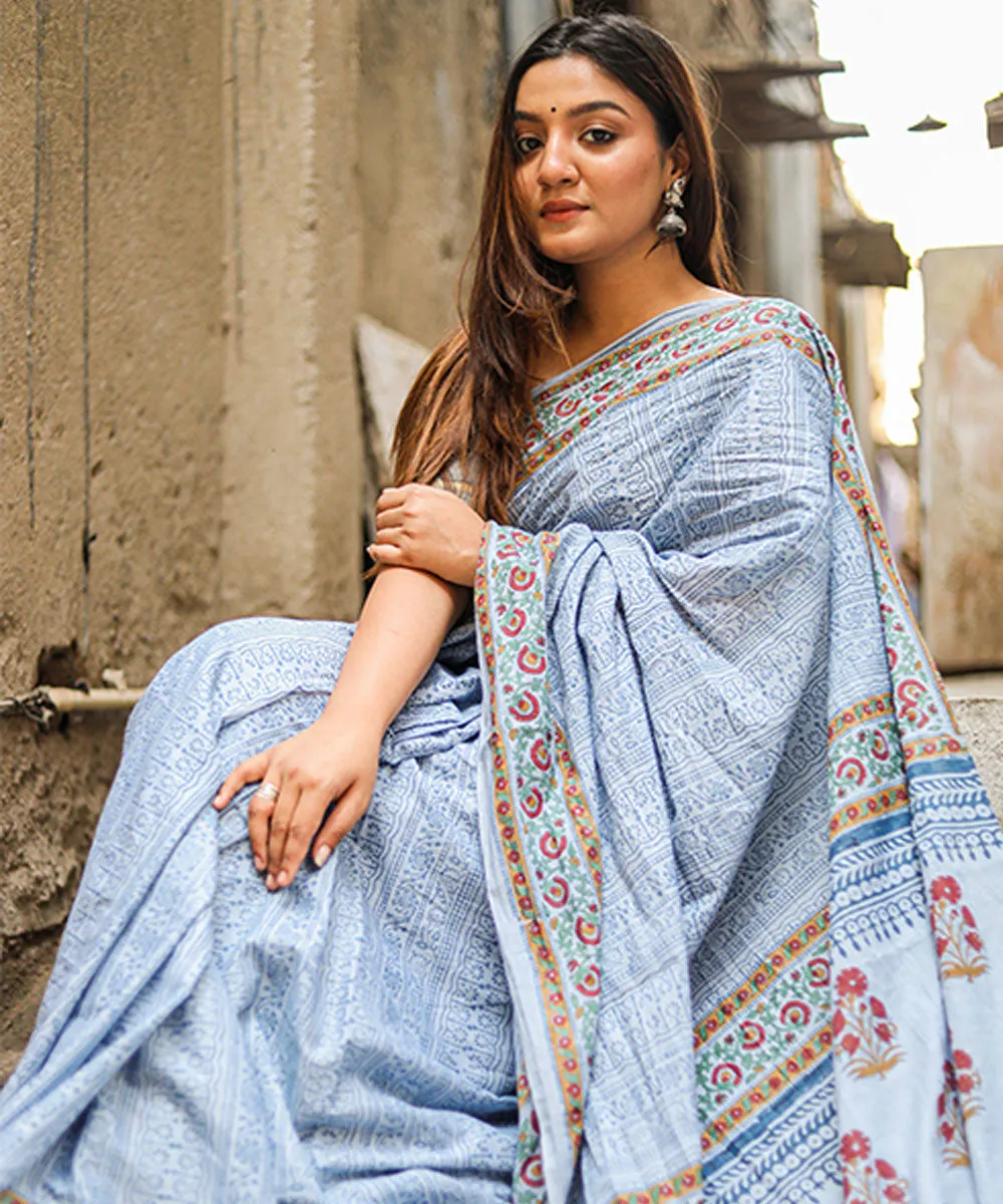 Sky blue navy blue hand block sanganeri printed cotton saree