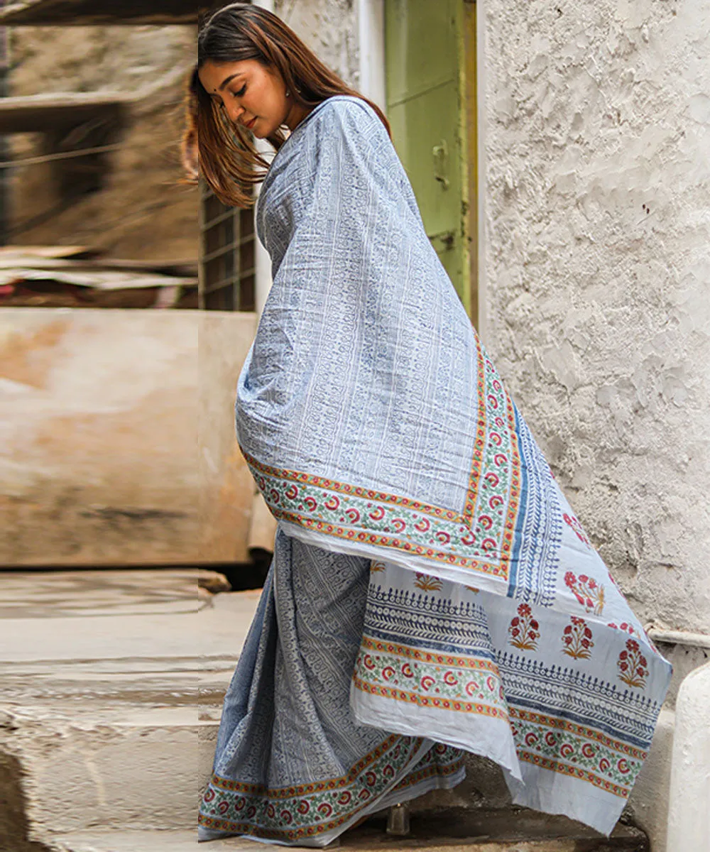 Sky blue navy blue hand block sanganeri printed cotton saree