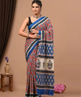 Sky blue red cotton silk hand block printed sanganeri saree