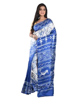 Sky blue white silk handloom batik print saree