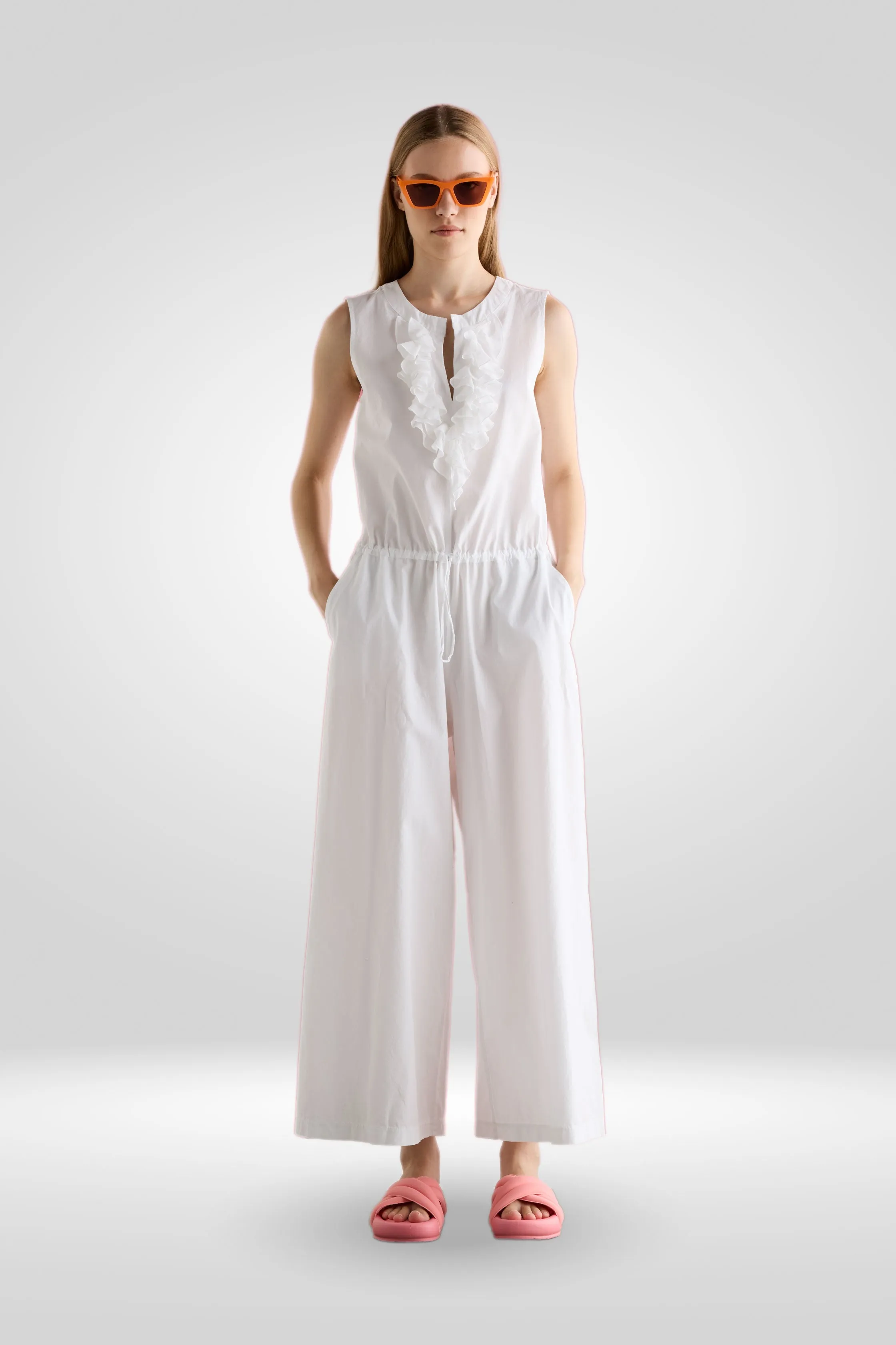 Sleeveless Jumpsuit with Rouches Garment Dyed 19D0 3183