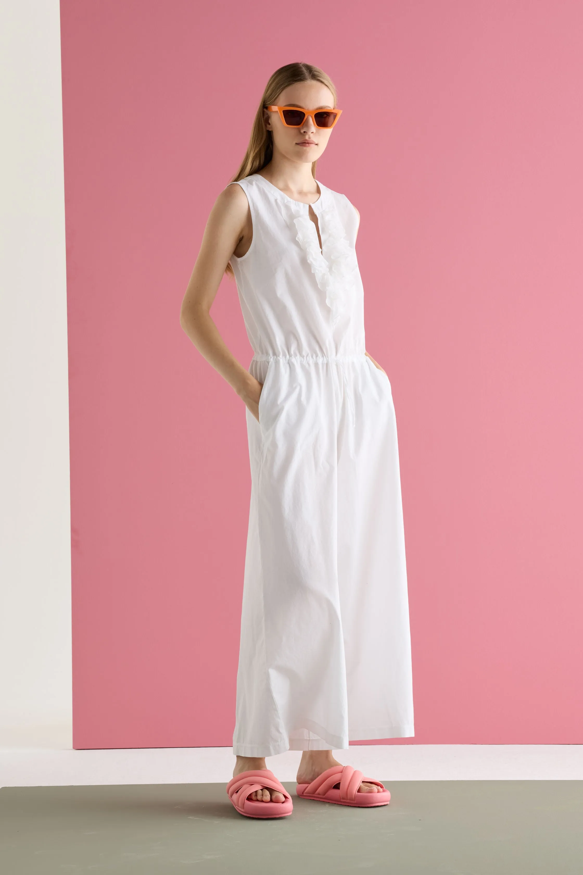 Sleeveless Jumpsuit with Rouches Garment Dyed 19D0 3183