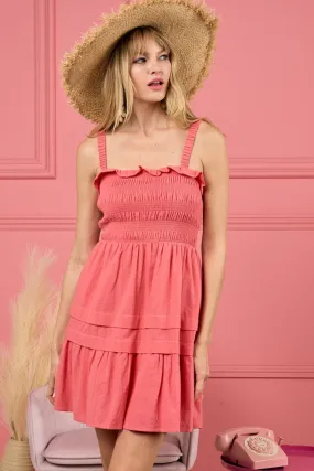 Smocked Ruffled Cotton Dress - Coral