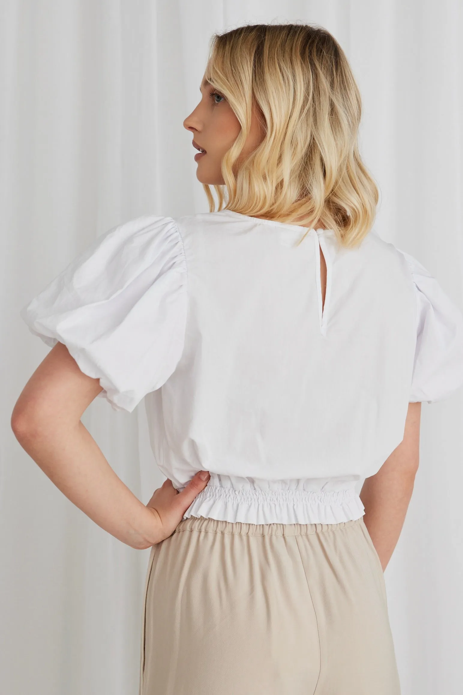 Sofia White Poplin SS Shirred Hem Top