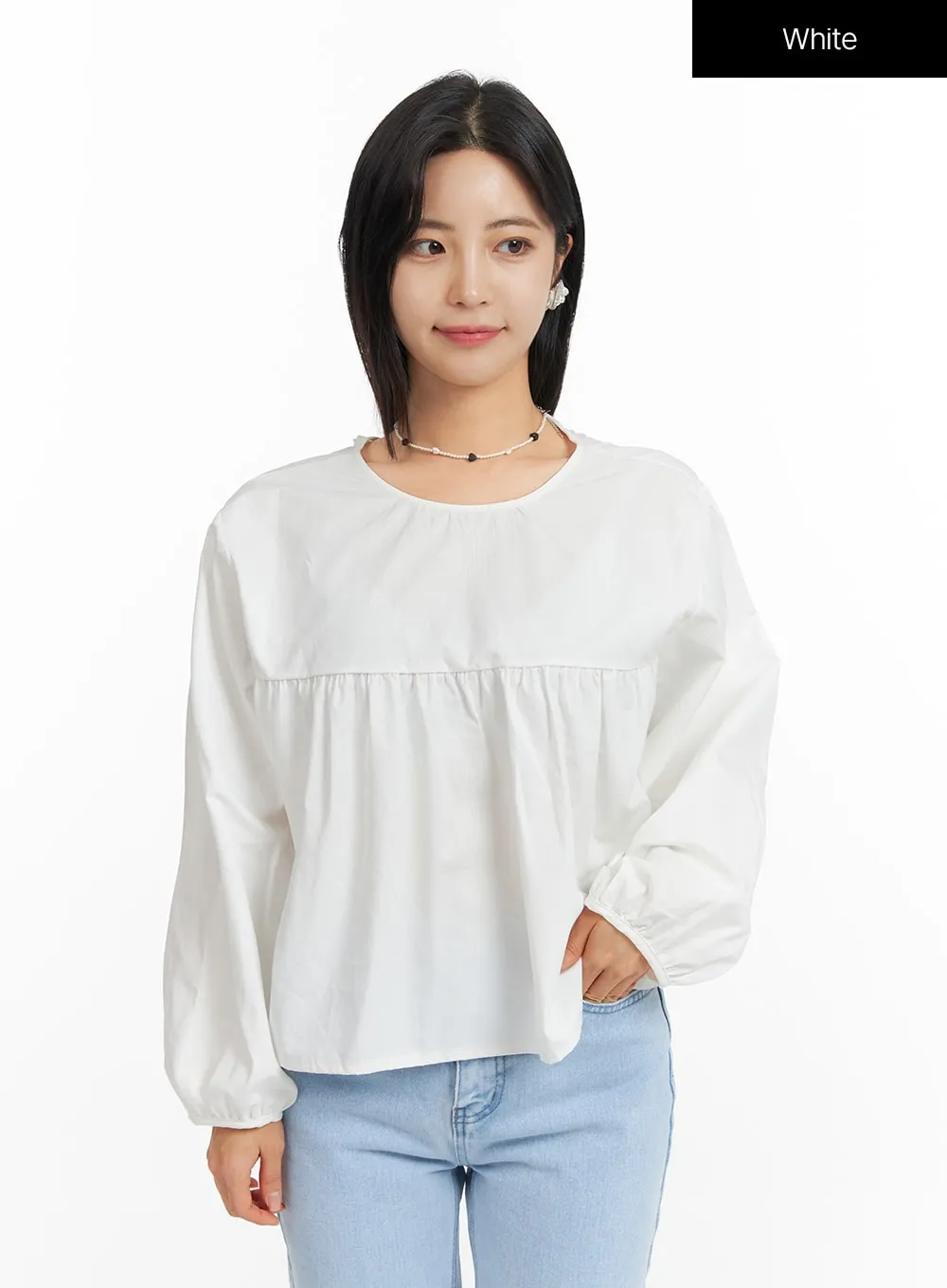 Solid Round Neck Long Sleeve Blouse OF420