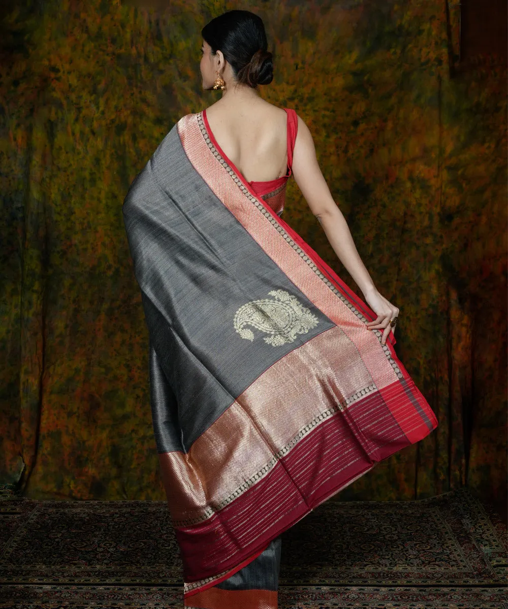 Steel grey handwoven banarasi silk saree