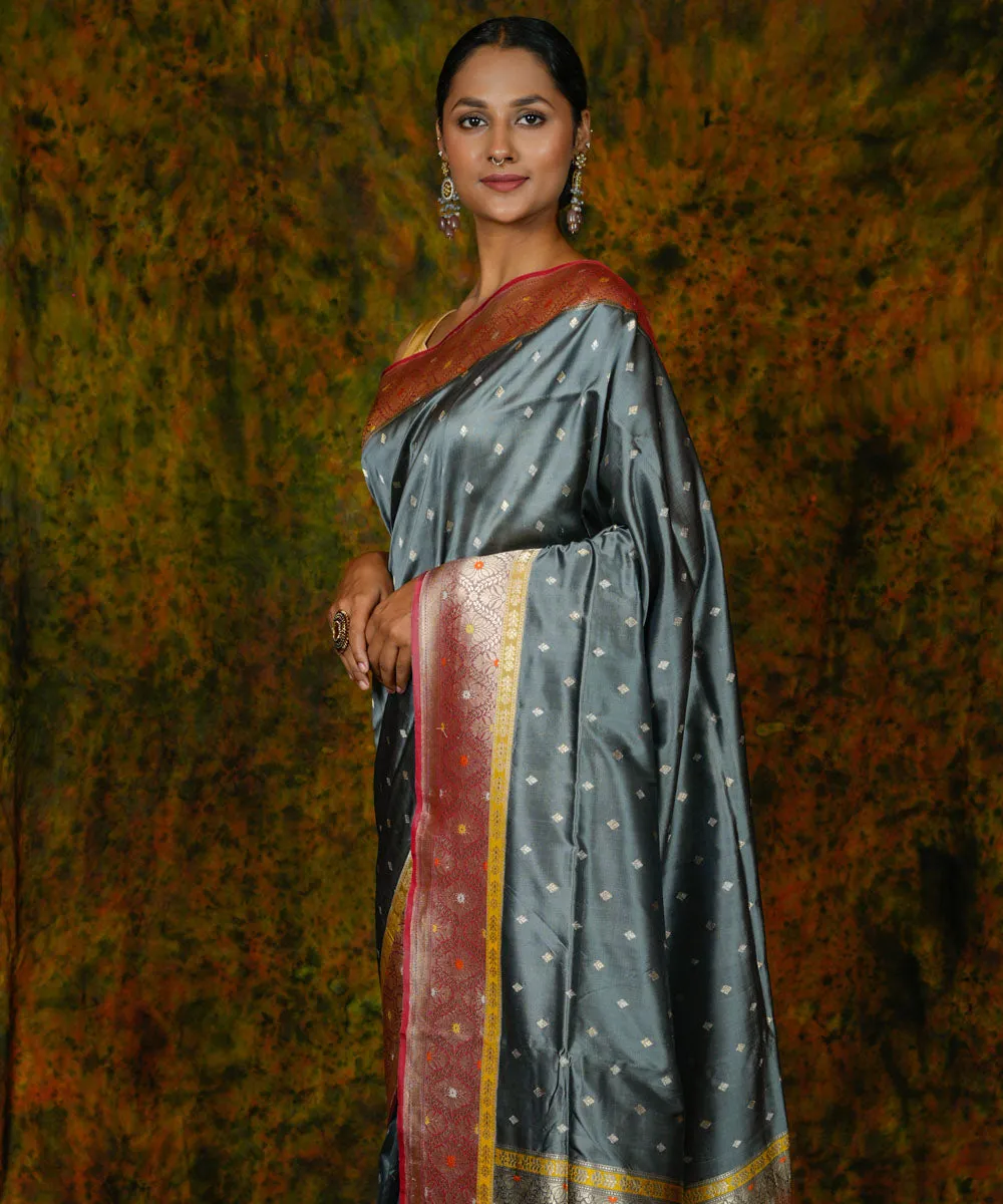 Steel grey silk handwoven banarasi saree