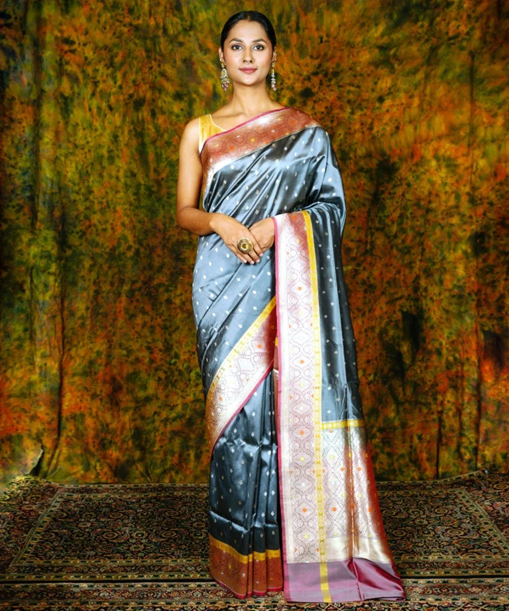 Steel grey silk handwoven banarasi saree