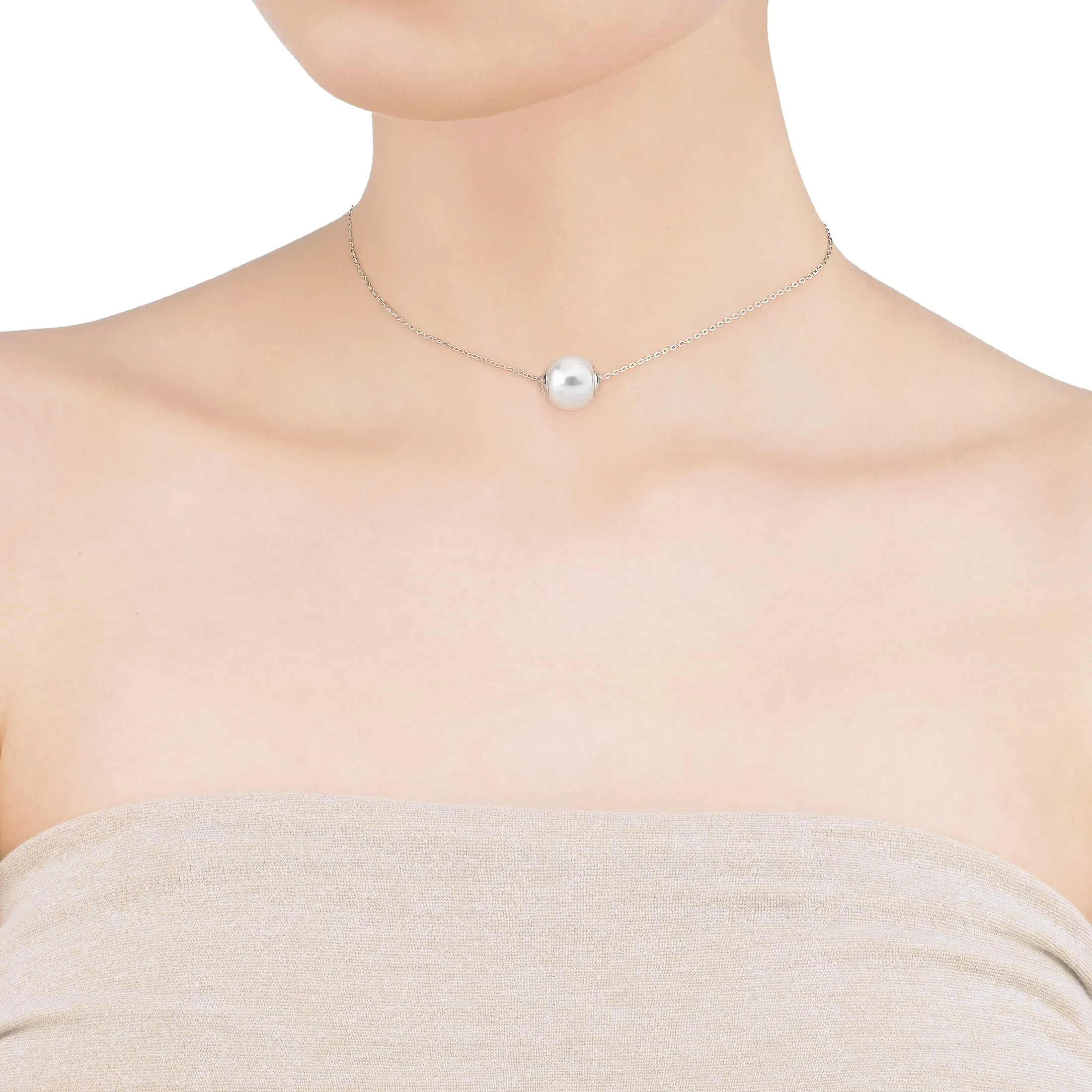 Sterling Silver Rhodium Plated Choker Necklace for Women with Organic Pearl, 12mm Round White Pearl, 12.9/16.9 Length, Nuada Collection