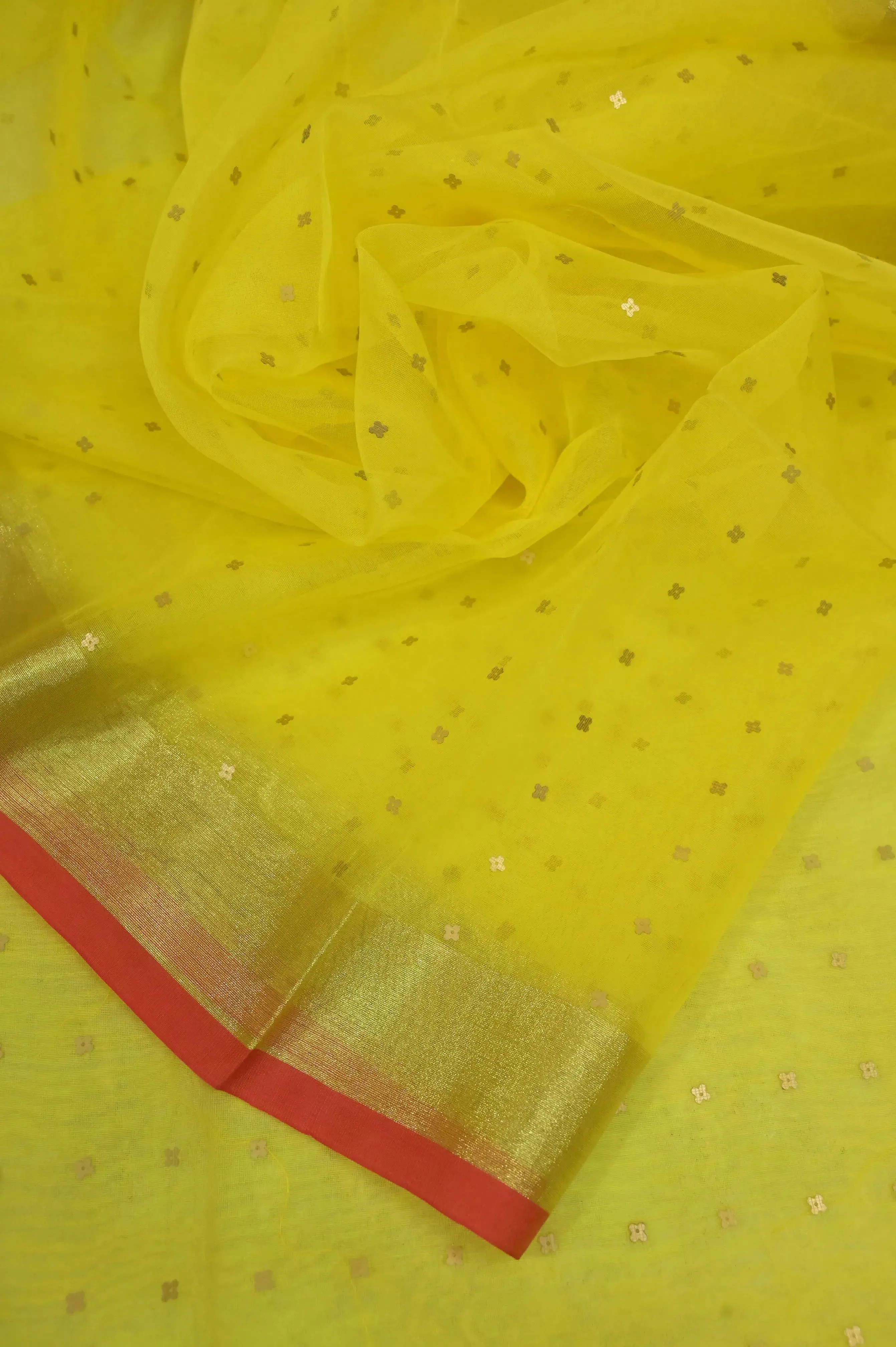 Sunflower Yellow Color Muslin Jamdani Saree Allover Sequin Style Zari Buti Work