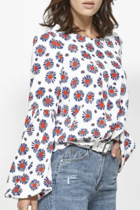 Tactic Balloon Sleeve Ivory Black Daisy Print Top