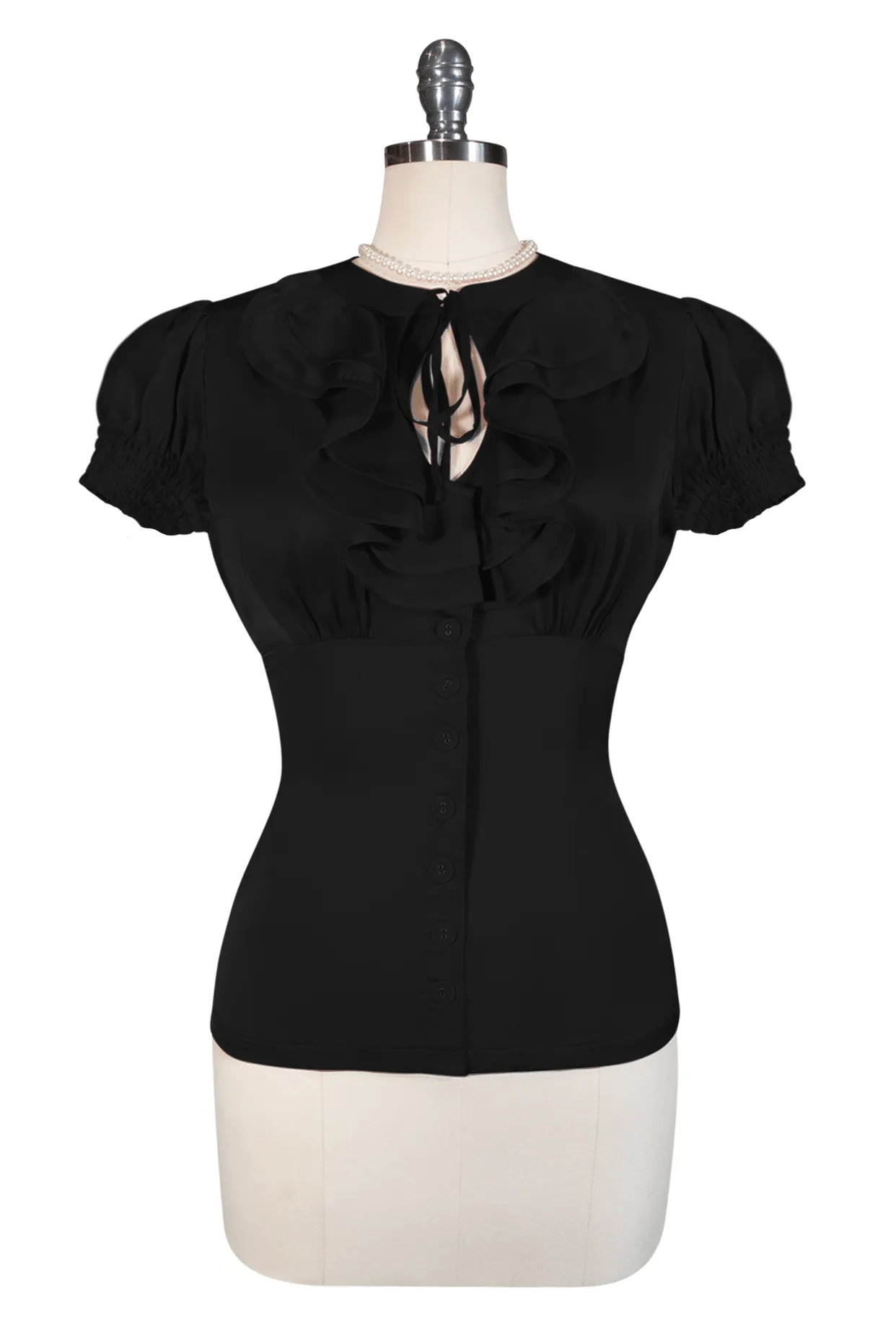 Tea Rose Frill Front Blouse (Black)