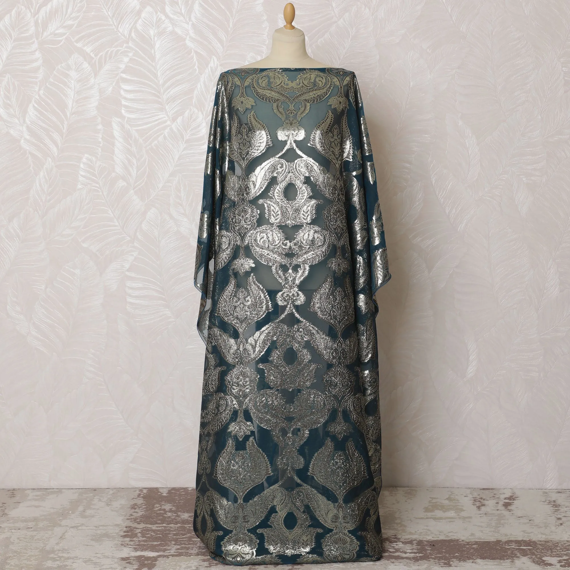 Teal French Silk Chiffon Fabric with Silver Embroidery, Traditional Somali Dirac - 140 cm Width, 3.5 Meters-D20141