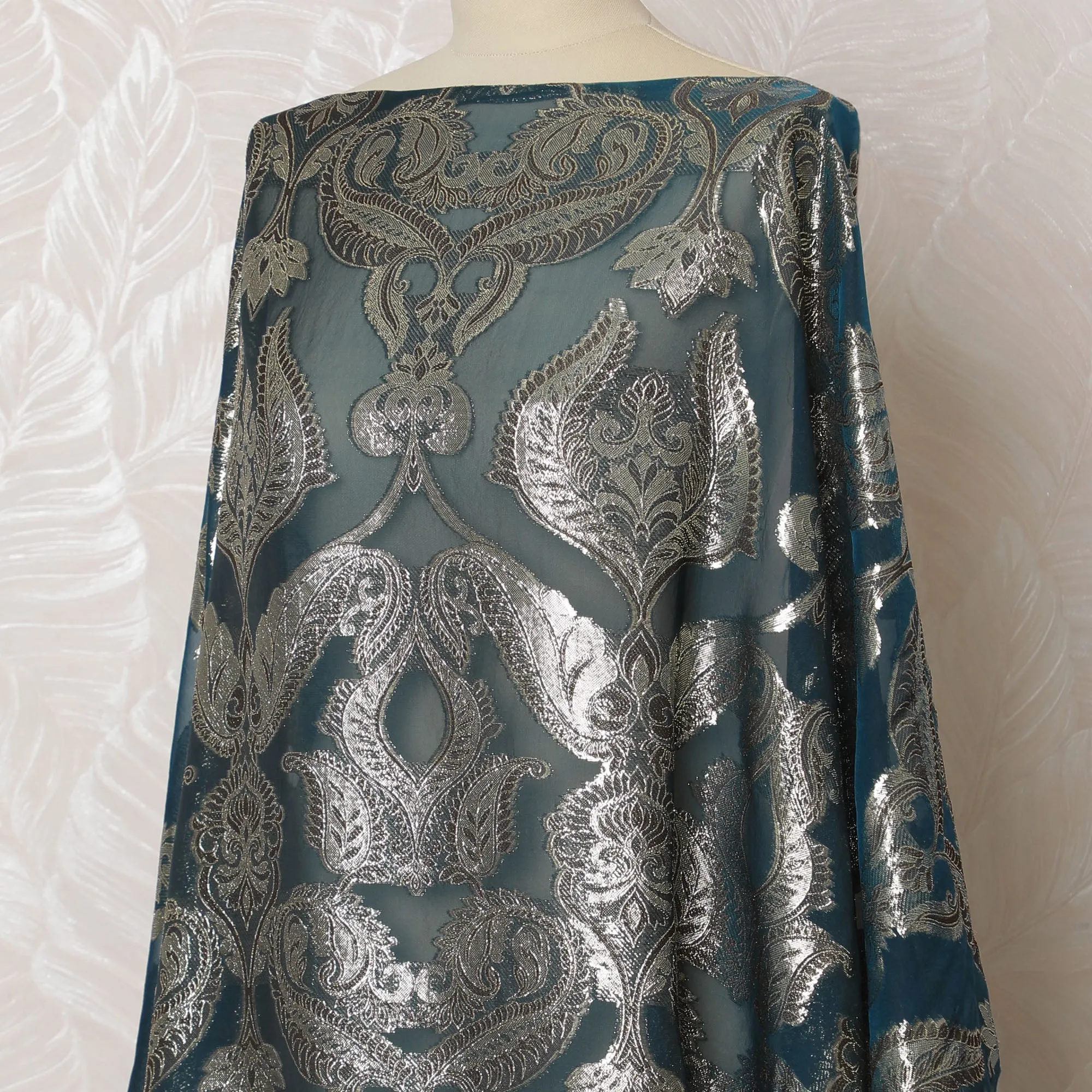 Teal French Silk Chiffon Fabric with Silver Embroidery, Traditional Somali Dirac - 140 cm Width, 3.5 Meters-D20141