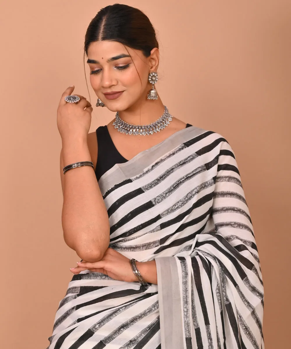 White black hand printed bagru cotton saree