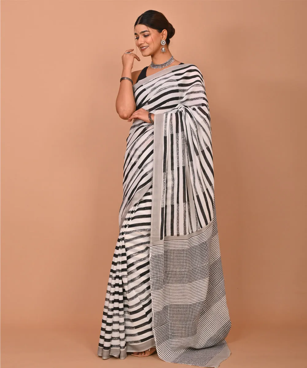 White black hand printed bagru cotton saree