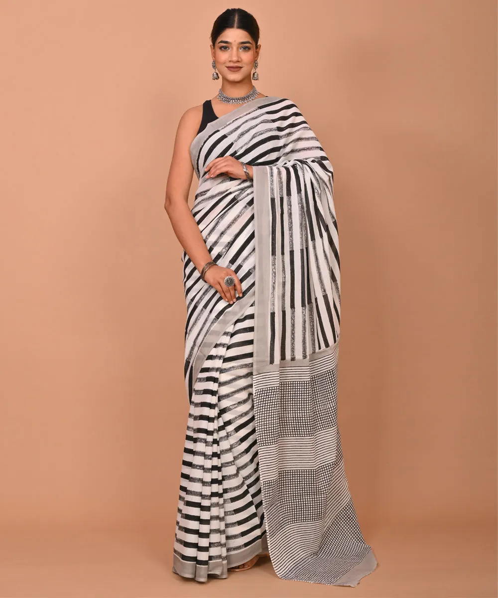 White black hand printed bagru cotton saree