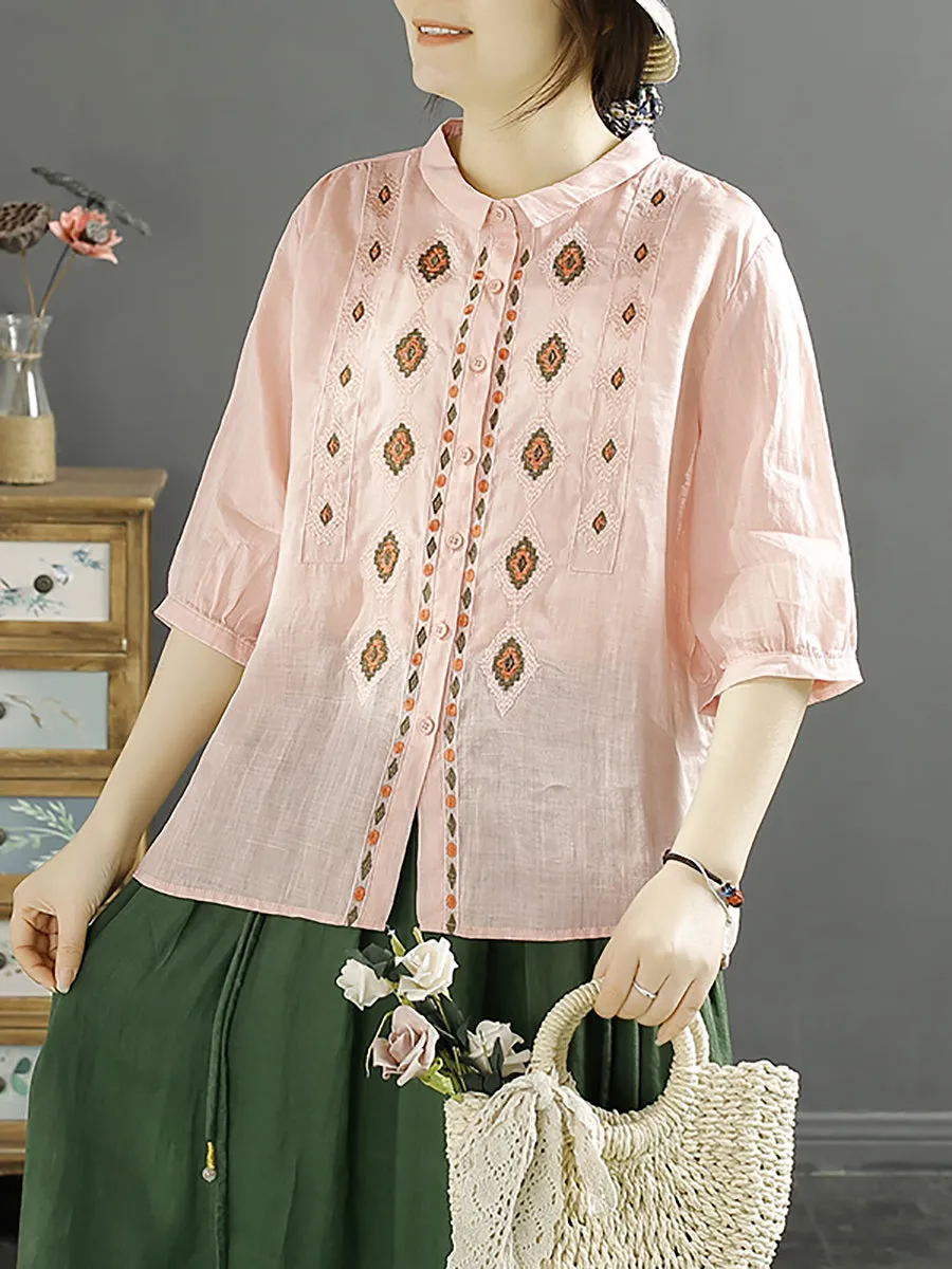 Women Ethnic Rhomboids Embroidery Ramie Button Up Blouse KL1031